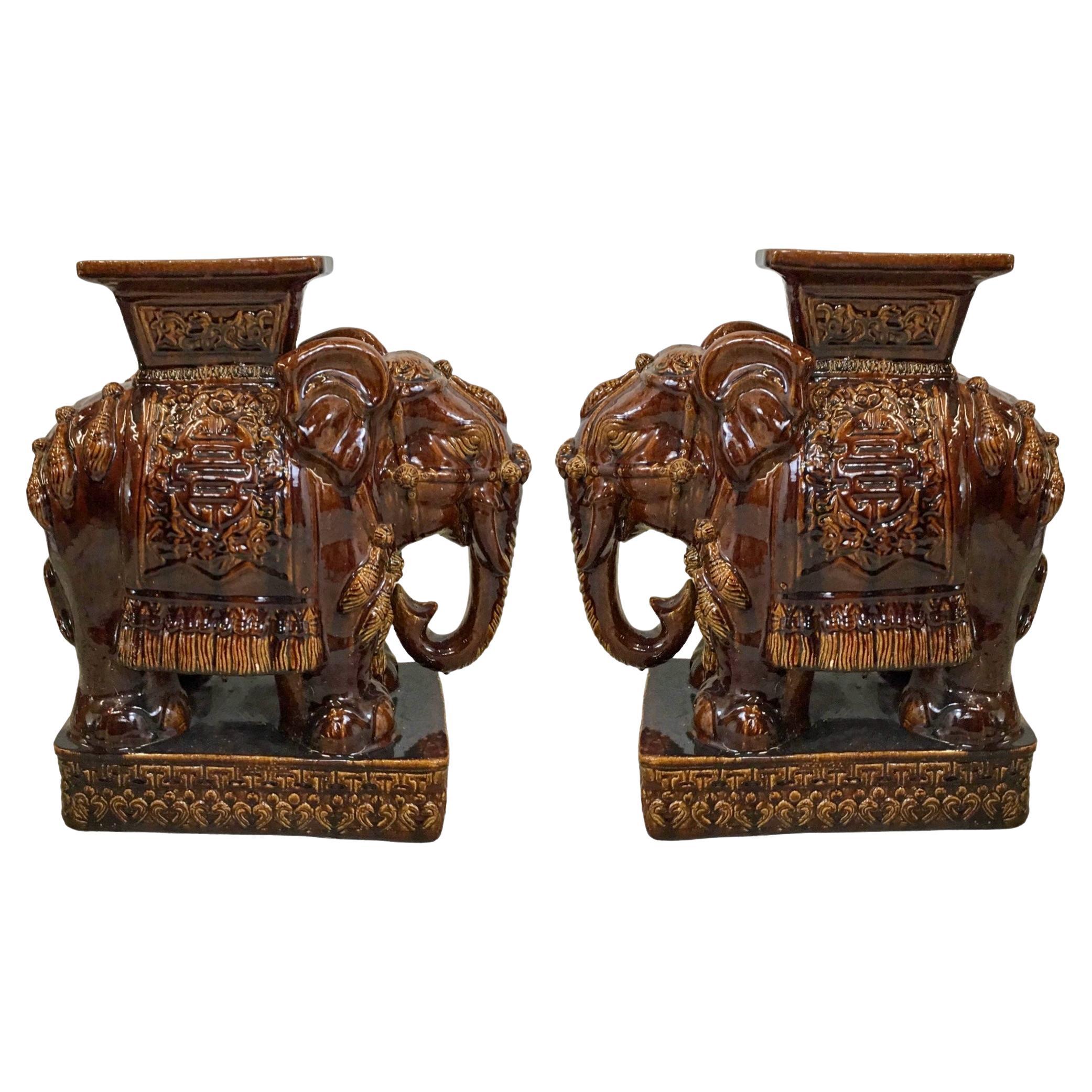 Mid-Century Chinese Brown Majolica Glazed Elephant Garden Seats / Tables - Pair For Sale
