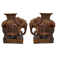 Retro Mid-Century Chinese Brown Majolica Glazed Elephant Garden Seats / Tables - Pair