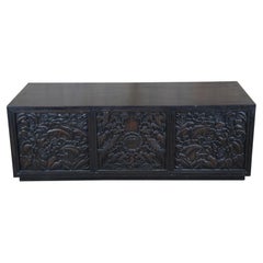Vintage Mid Century Chinese Carved Mahogany Lowboy Media Console Cabinet Chinoiserie 52"