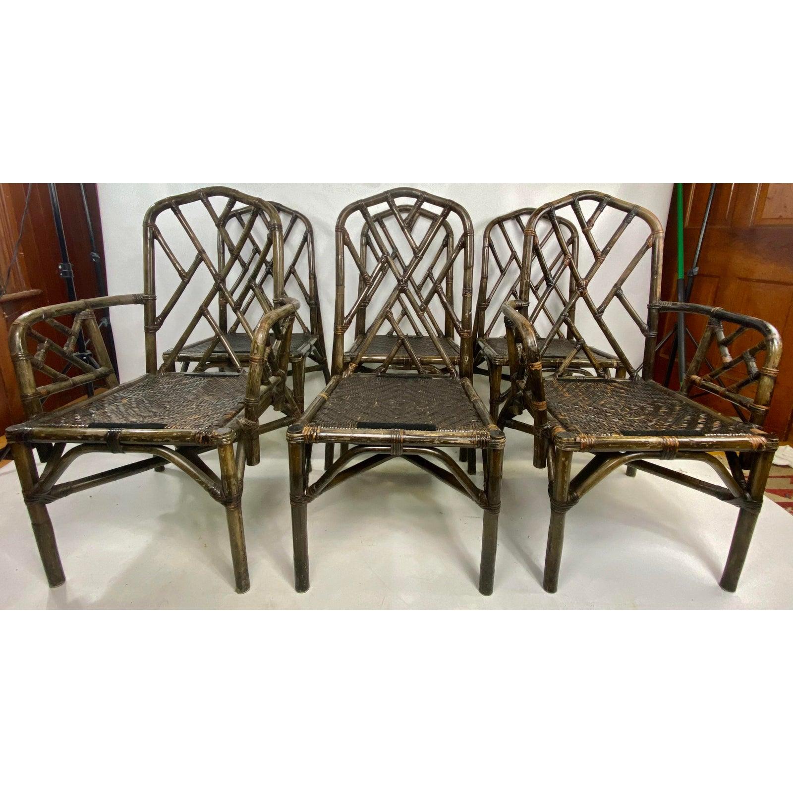 MidCentury Chinese Chippendale Style Bamboo and Rattan Dining Chairs