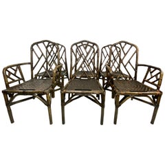 Mid-Century Chinese Chippendale Style Bamboo and Rattan Dining Chairs - Set of 6