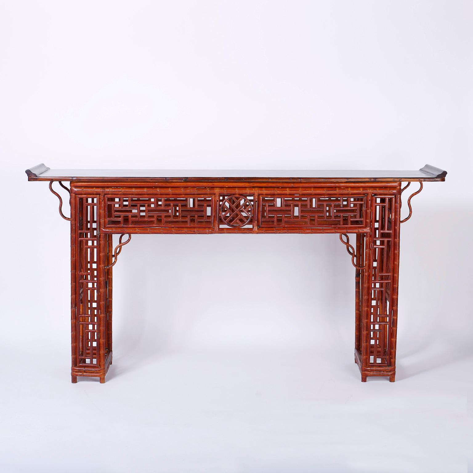 Midcentury Chinese Chippendale Style Bamboo Console Table 5
