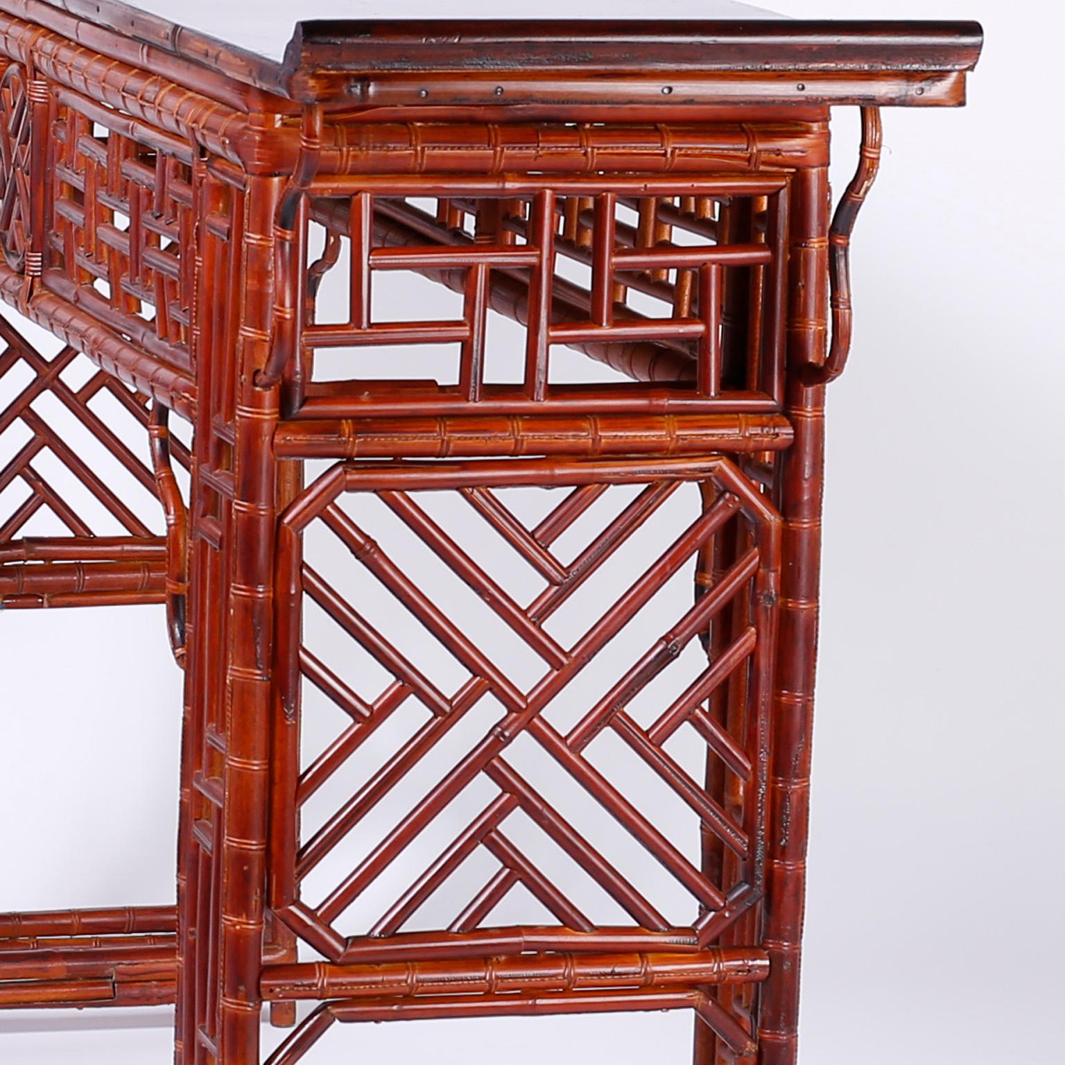 Hand-Woven Midcentury Chinese Chippendale Style Bamboo Console Table