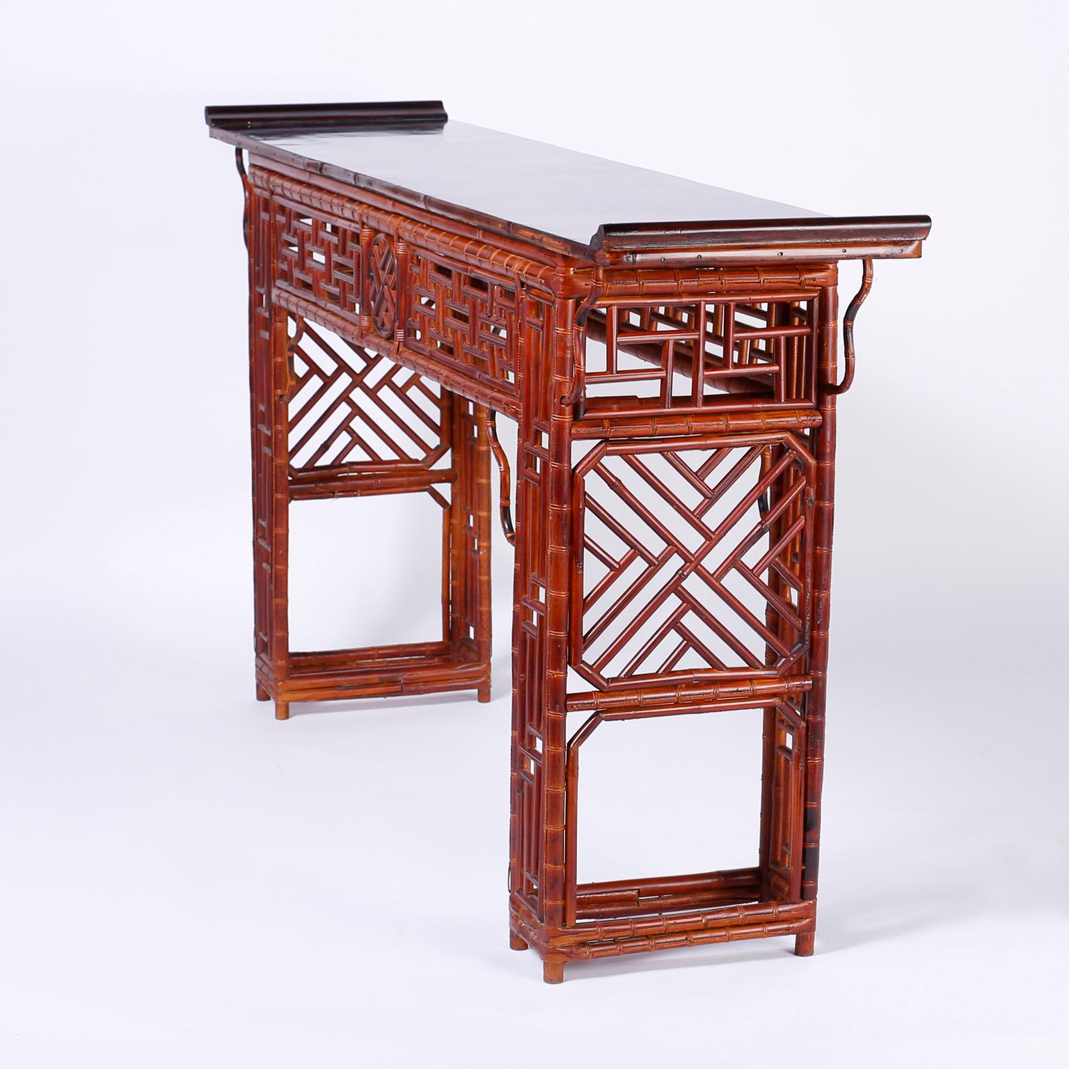 Midcentury Chinese Chippendale Style Bamboo Console Table In Good Condition In Palm Beach, FL