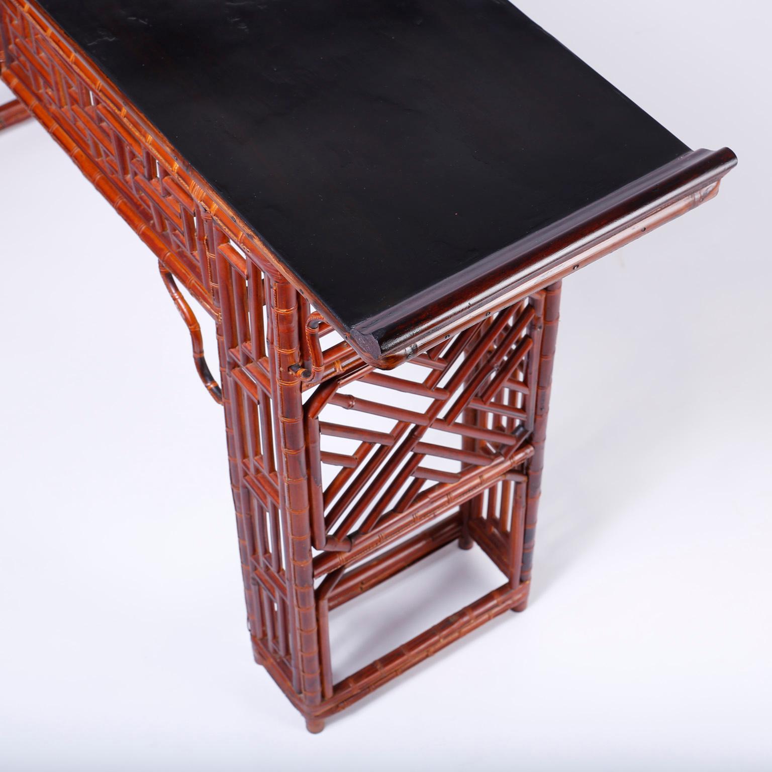 20th Century Midcentury Chinese Chippendale Style Bamboo Console Table