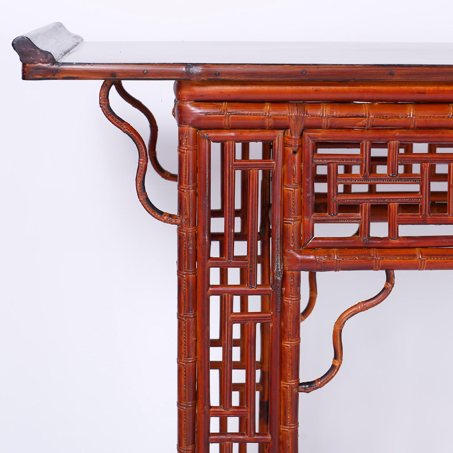Midcentury Chinese Chippendale Style Bamboo Console Table 2