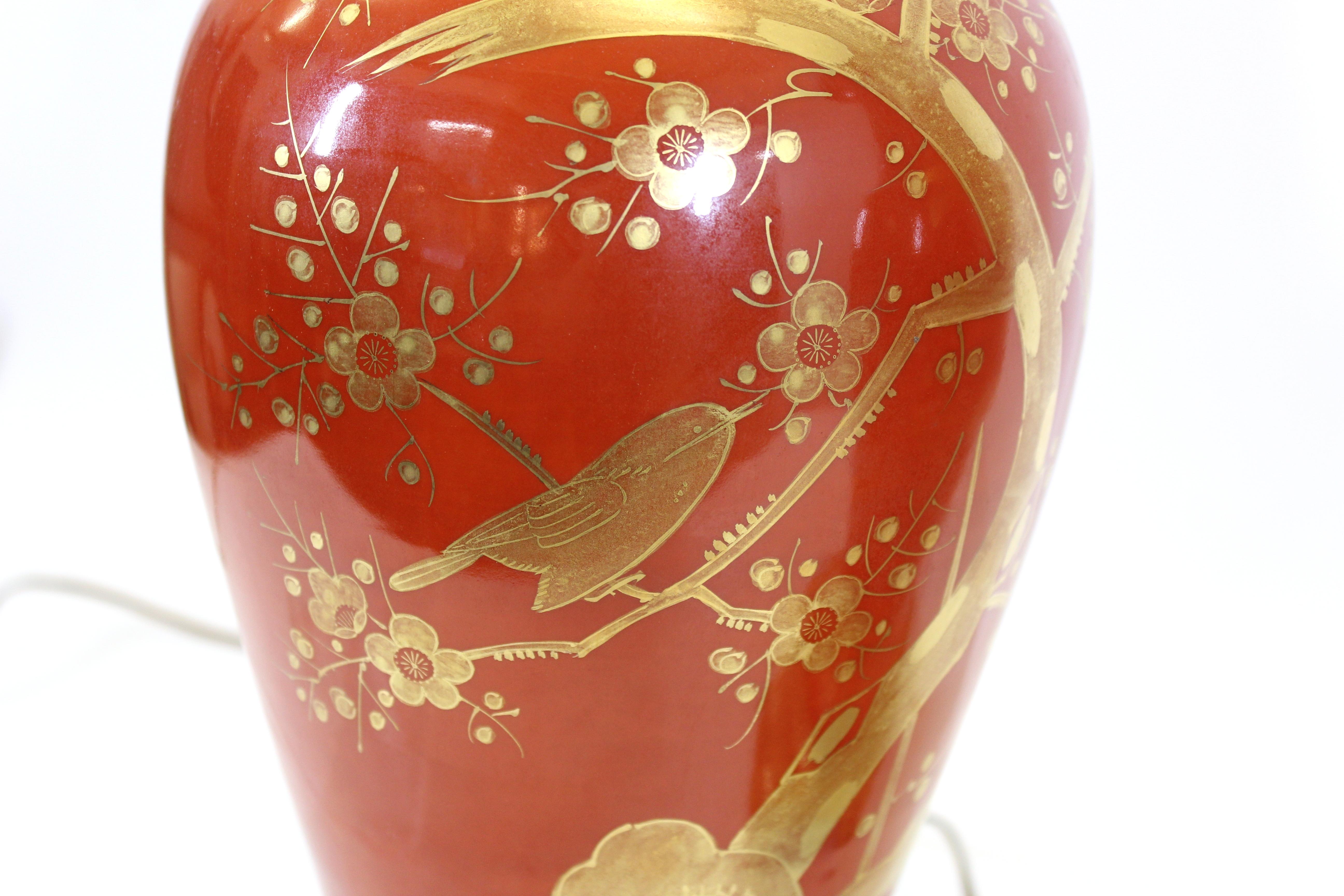 Mid-Century Chinese Chippendale Style Orange Porcelain Table Lamps 5