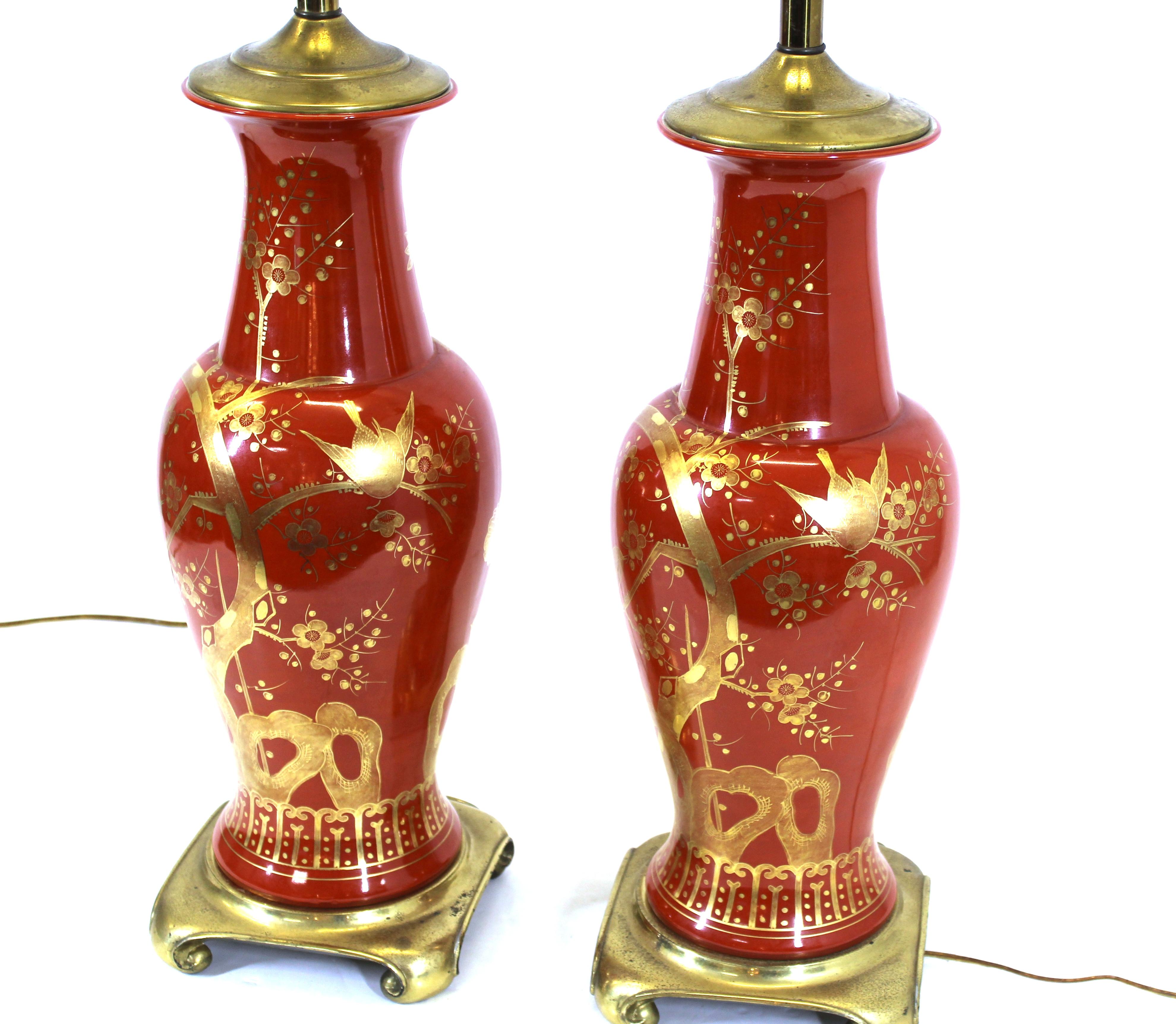 American Mid-Century Chinese Chippendale Style Orange Porcelain Table Lamps