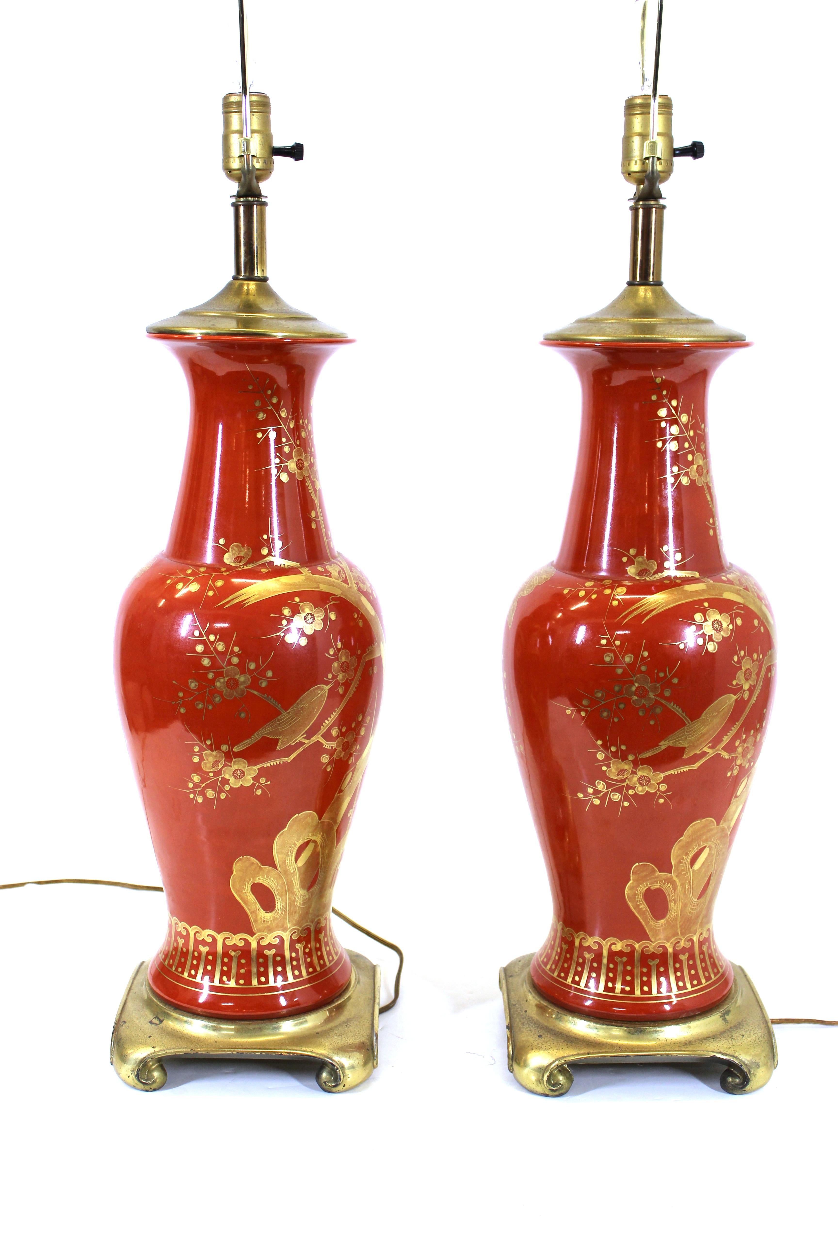 Mid-Century Chinese Chippendale Style Orange Porcelain Table Lamps 4