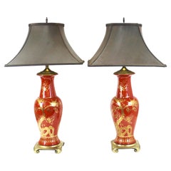 Mid-Century Chinese Chippendale Style Orange Porcelain Table Lamps