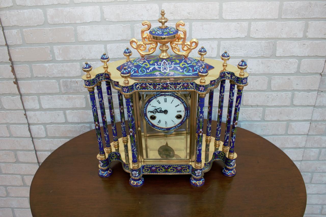 Chinoiserie Mid Century Chinese Cloissoné Mantel Clock For Sale