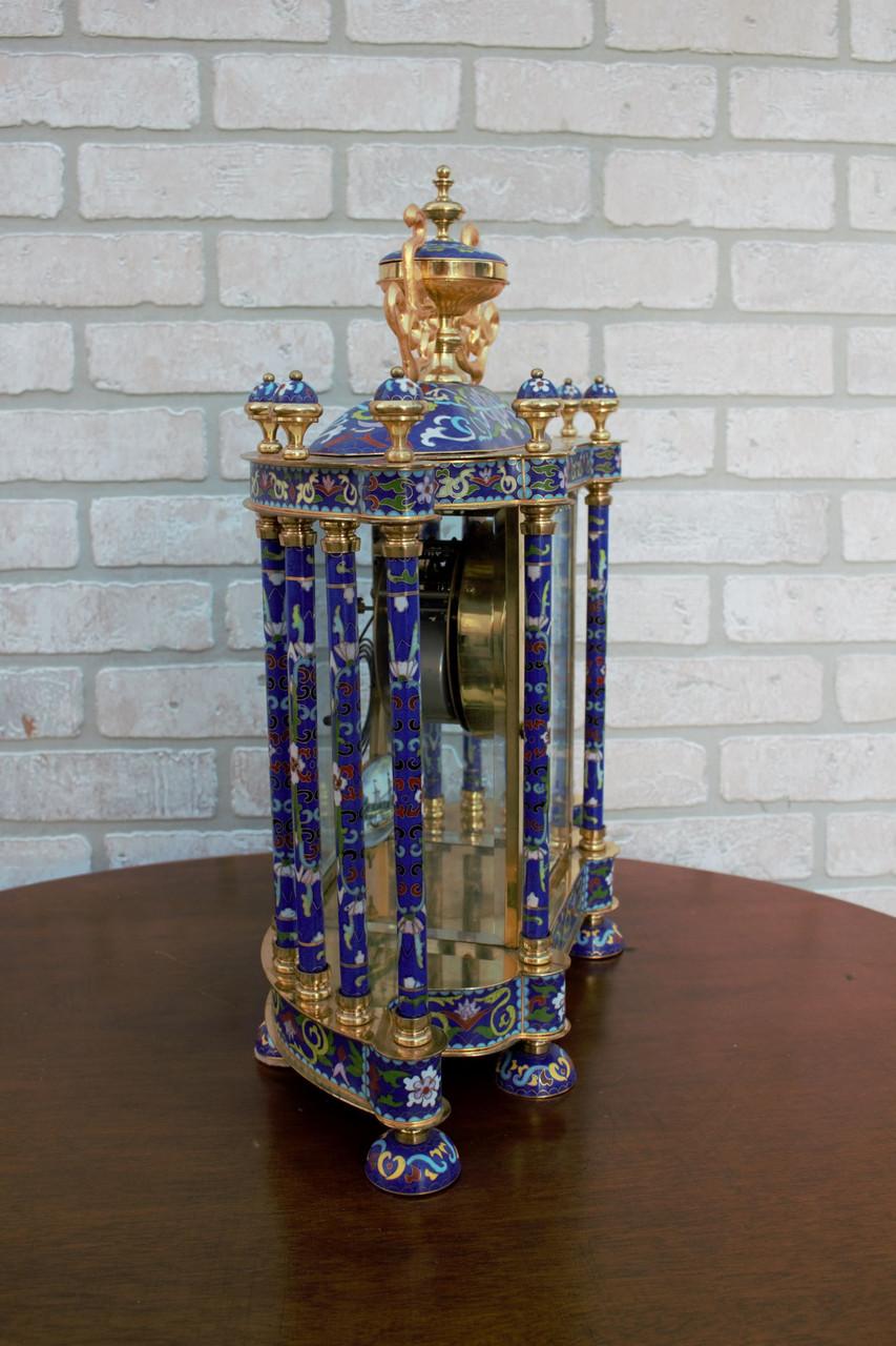 Metal Mid Century Chinese Cloissoné Mantel Clock For Sale