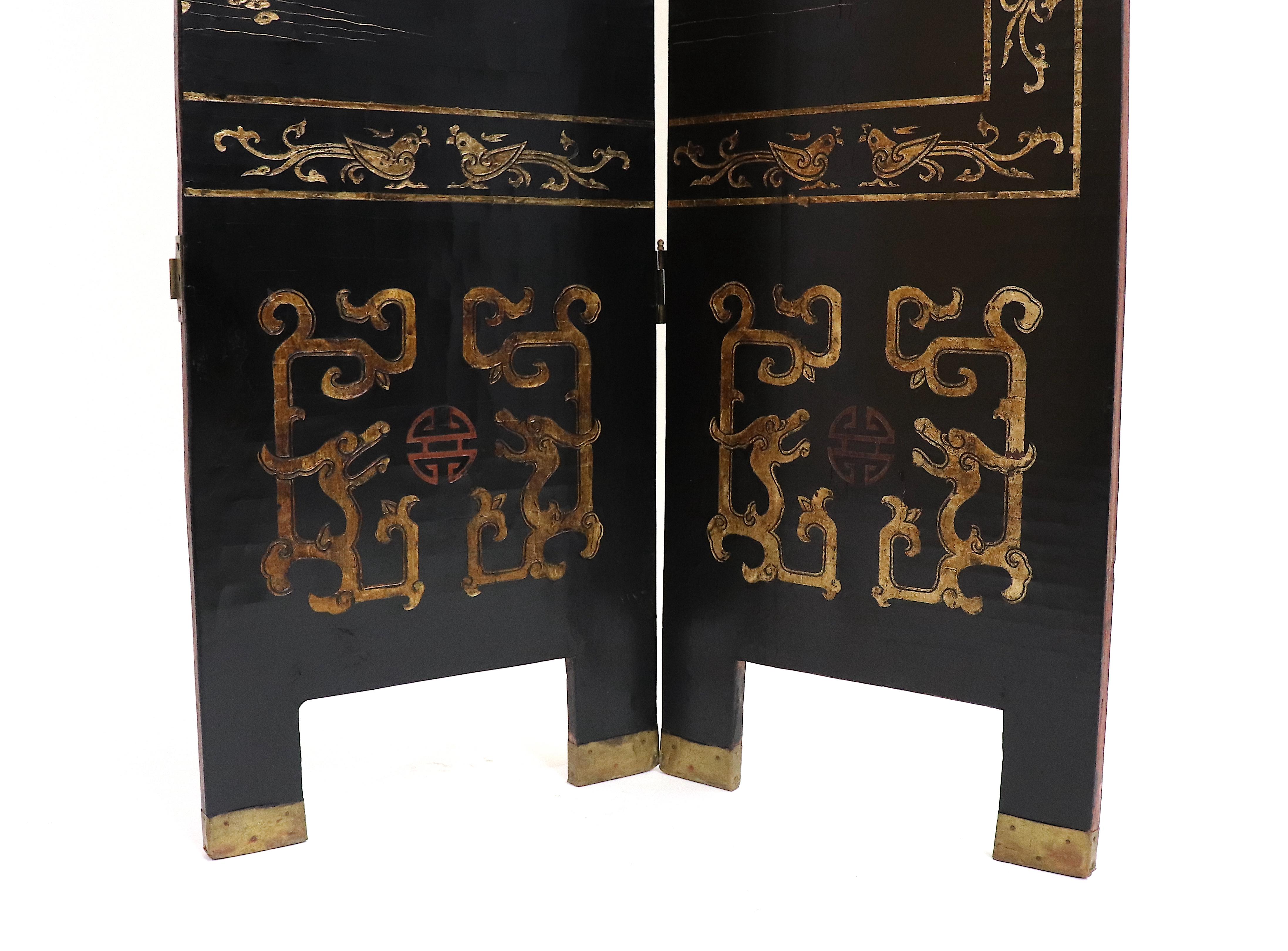 Mid-Century Chinese Coromandel Black Lacquered and Gilt Eight-Panel Screen For Sale 7