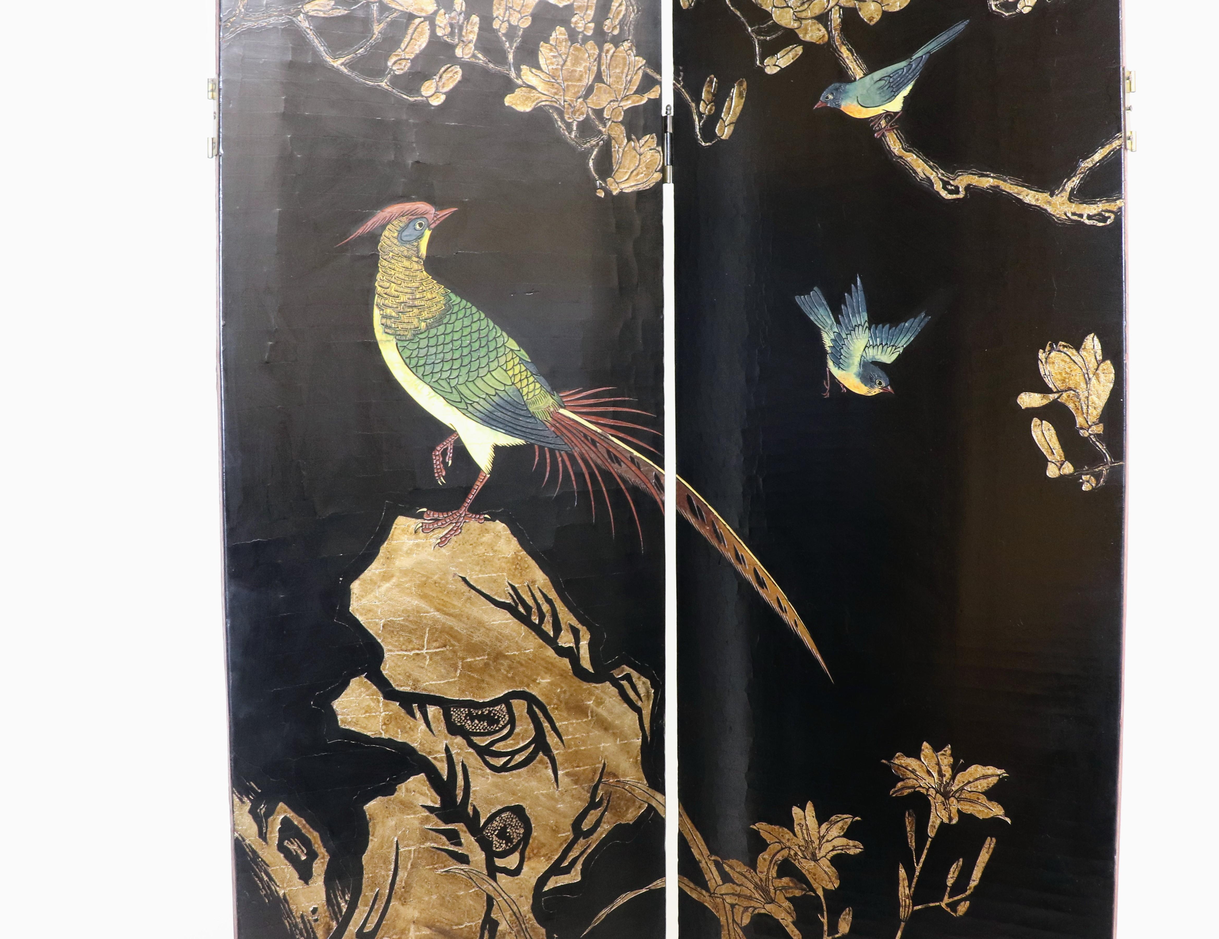 Metal Mid-Century Chinese Coromandel Black Lacquered and Gilt Eight-Panel Screen For Sale
