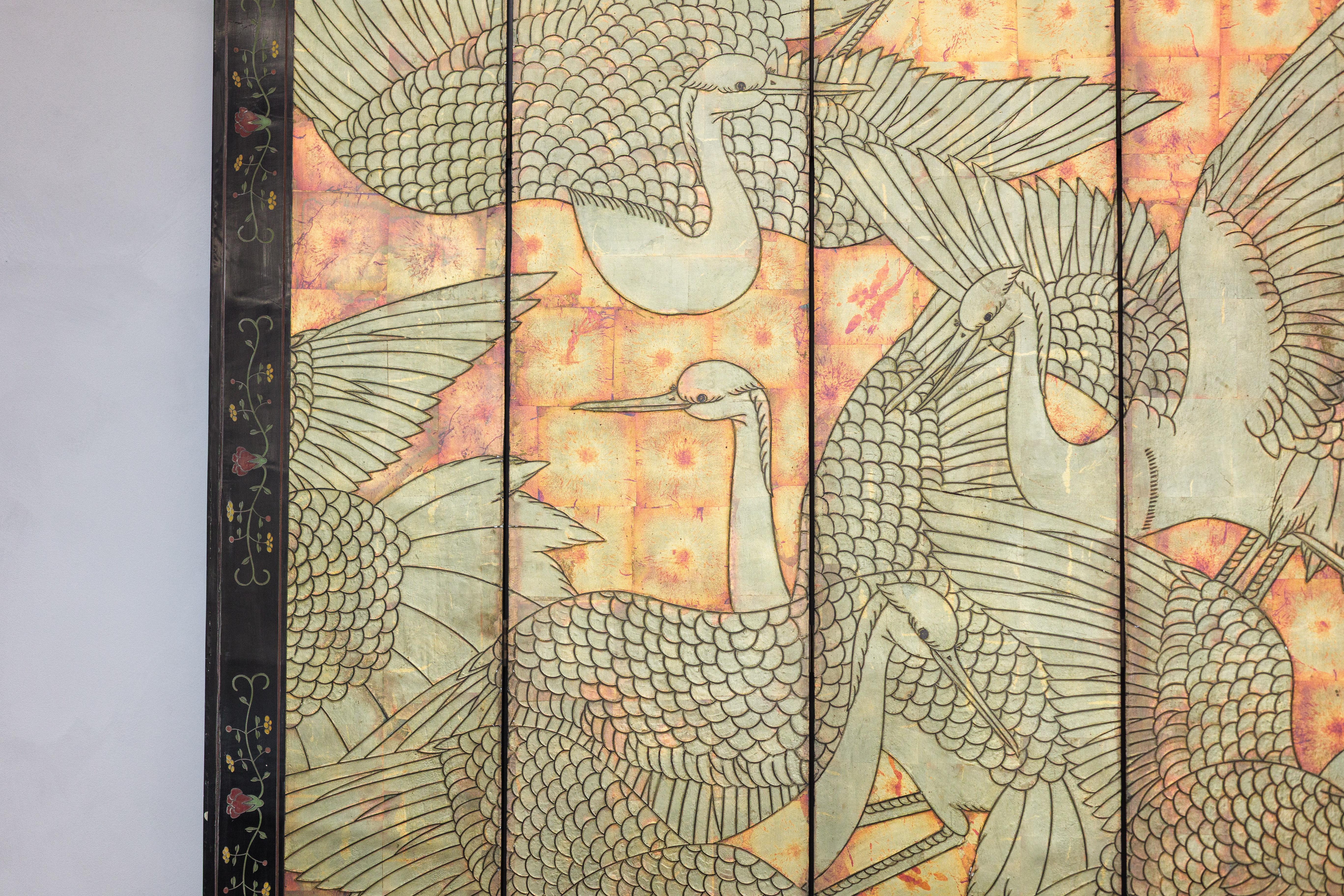 Mid-Century Chinese Coromandel Screen with Gold Cranes and Lacquered Floral Back For Sale 7