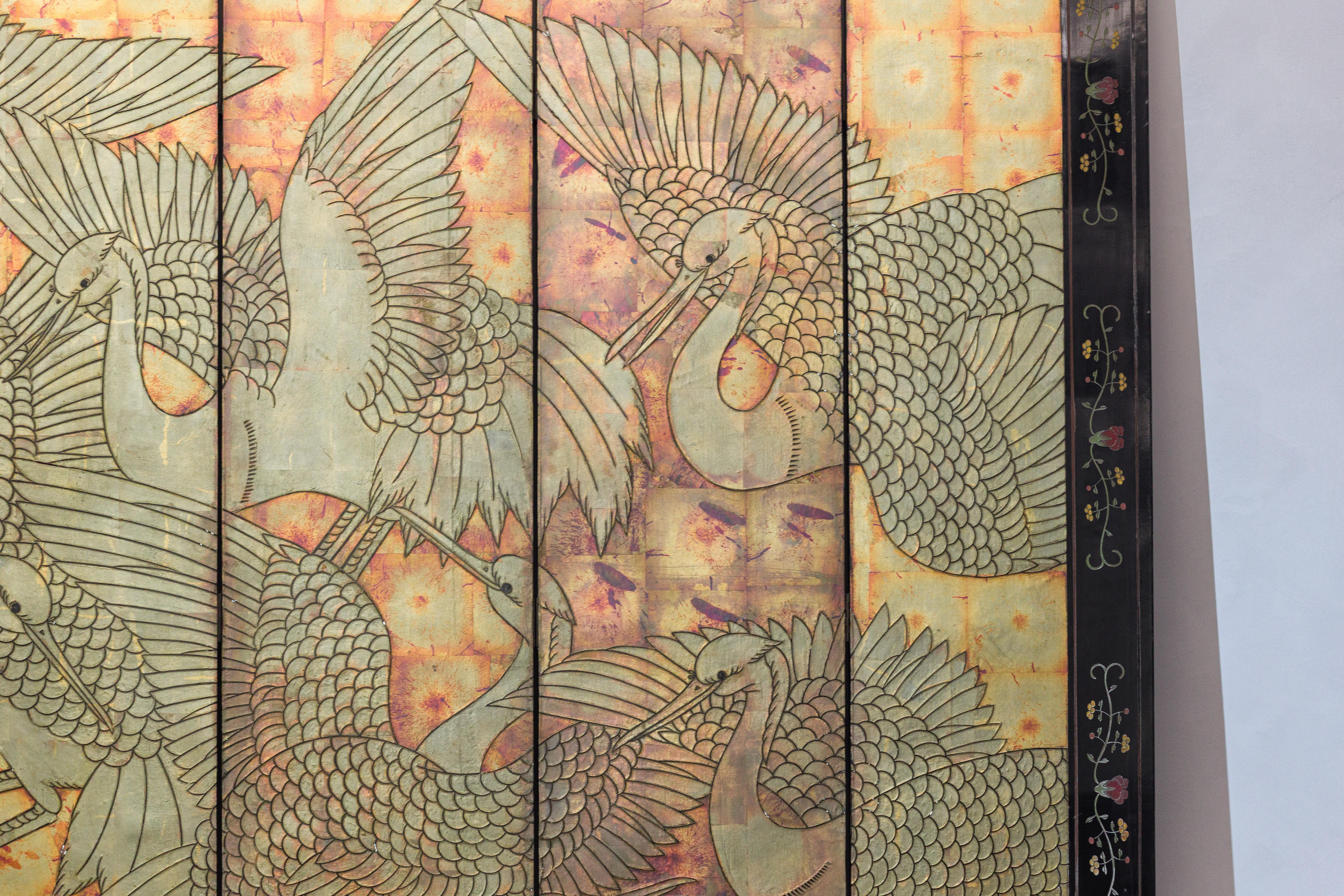 Mid-Century Chinese Coromandel Screen with Gold Cranes and Lacquered Floral Back For Sale 8