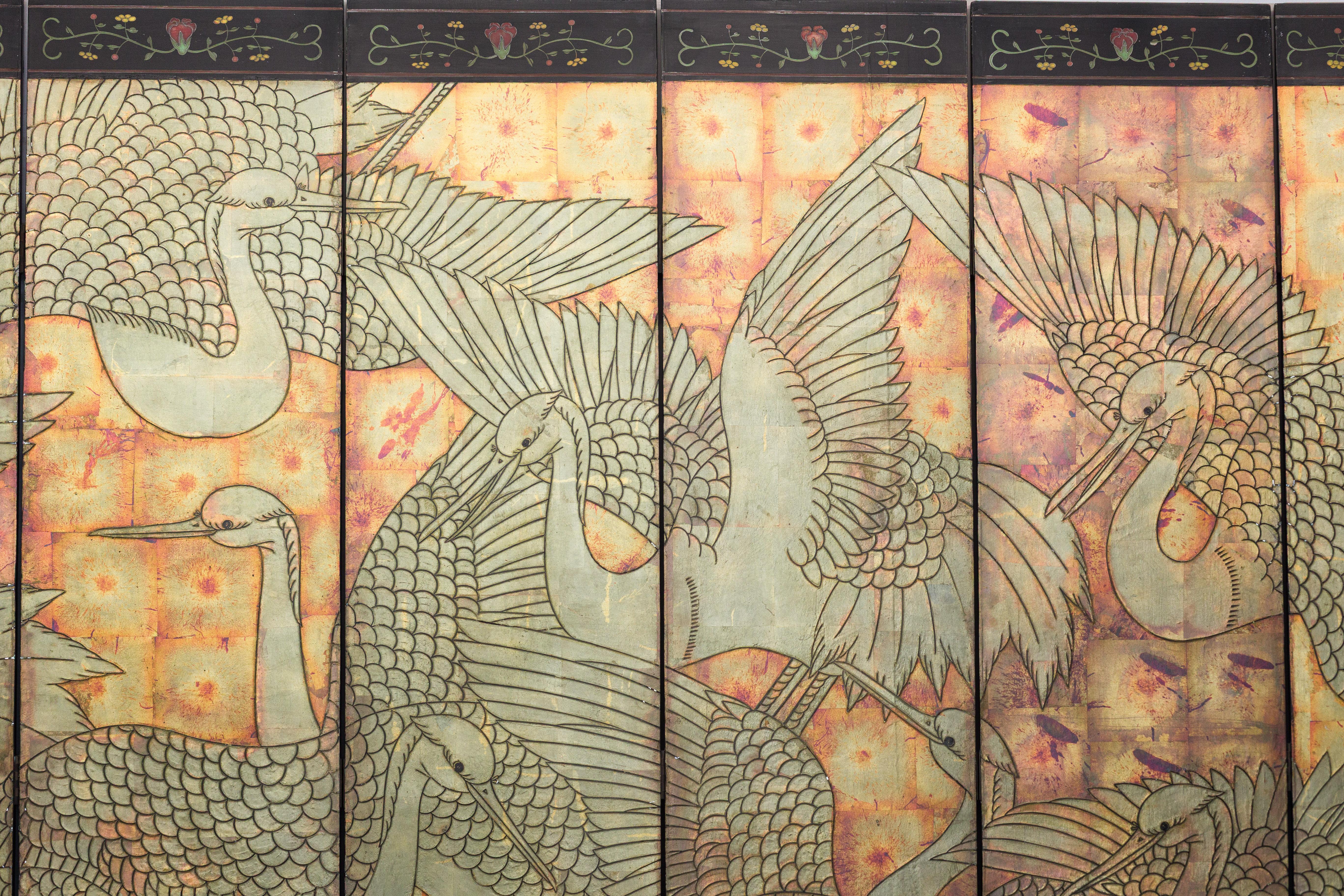 Mid-Century Chinese Coromandel Screen with Gold Cranes and Lacquered Floral Back For Sale 9