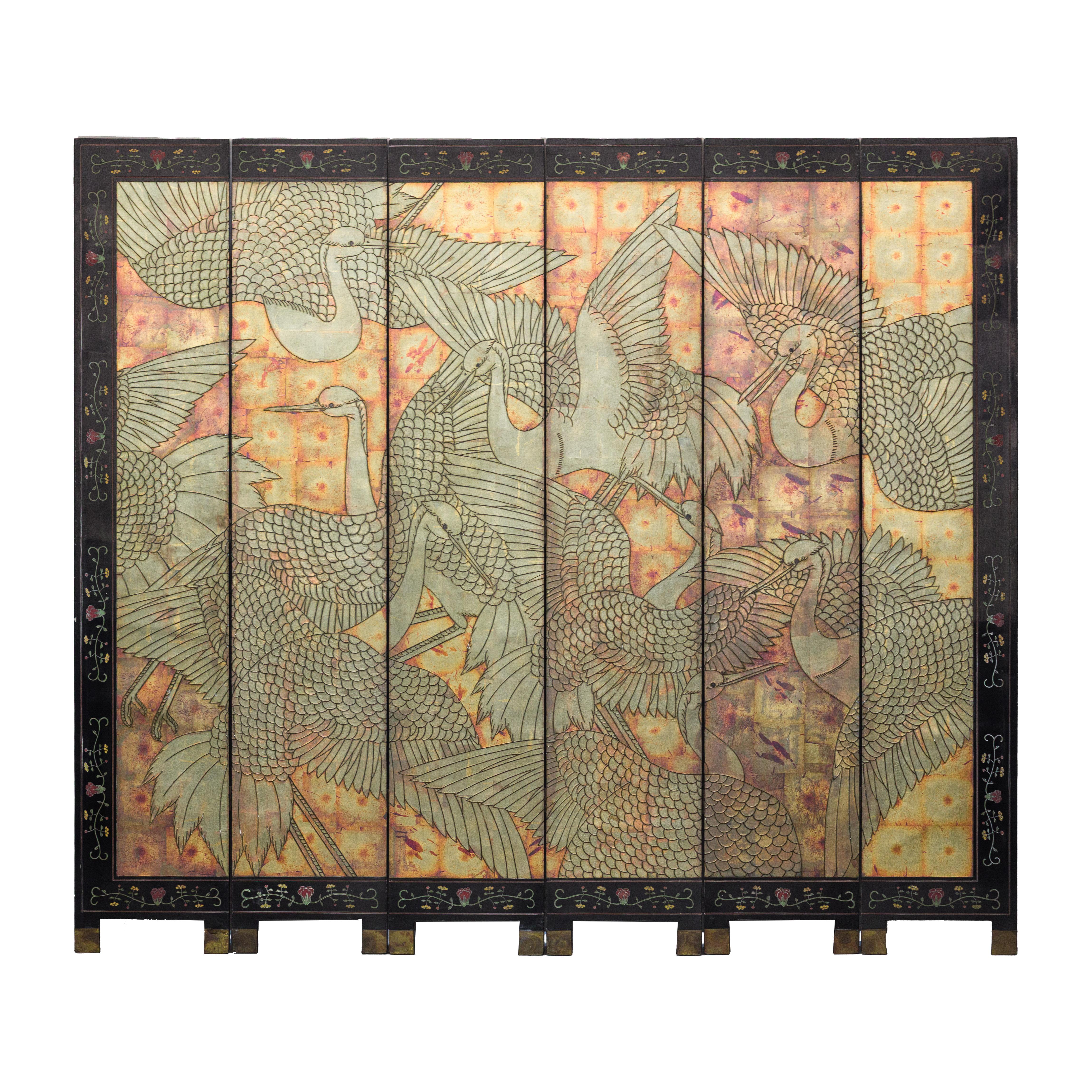 Mid-Century Chinese Coromandel Screen with Gold Cranes and Lacquered Floral Back For Sale 13