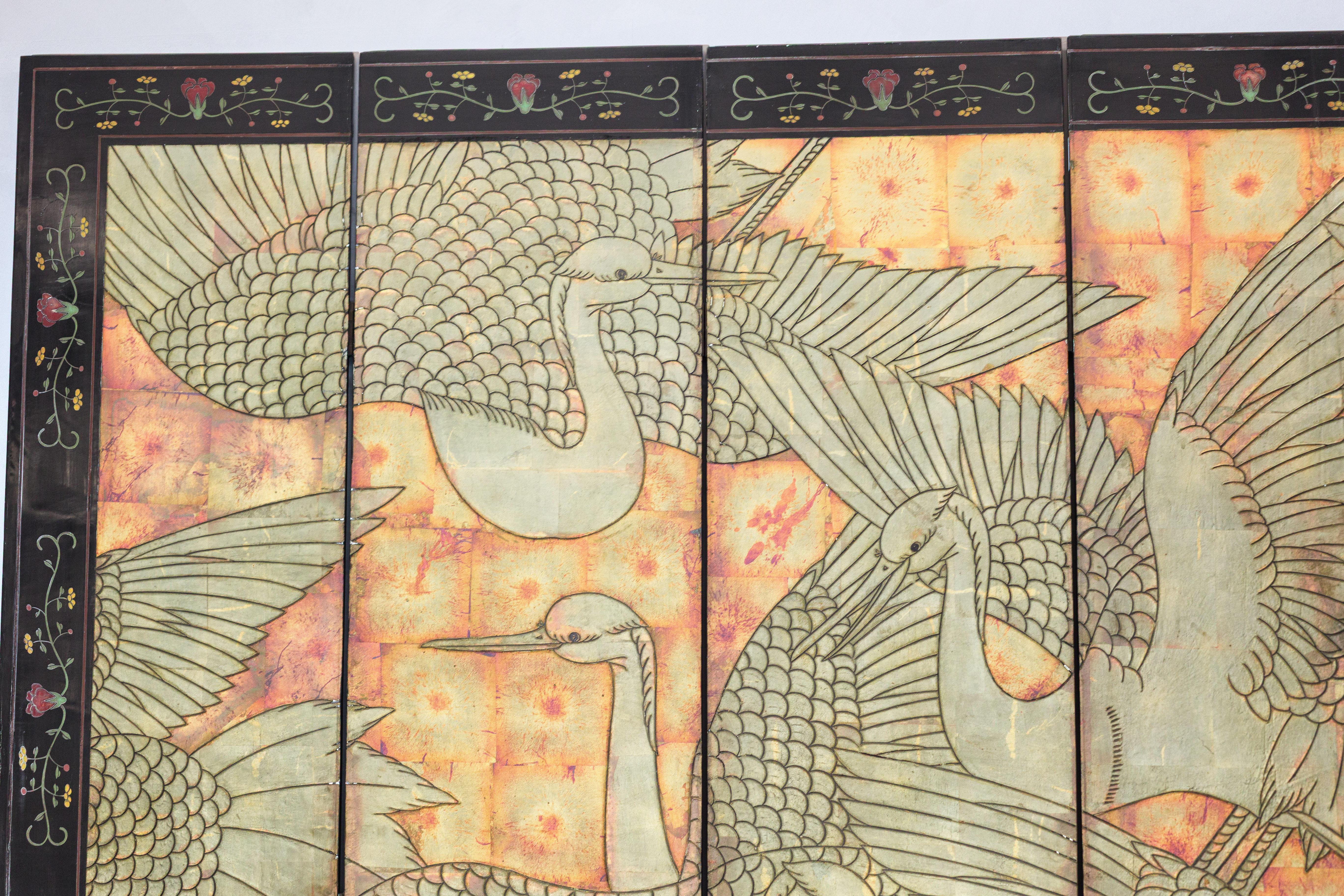 Mid-Century Chinese Coromandel Screen with Gold Cranes and Lacquered Floral Back In Good Condition For Sale In Yonkers, NY