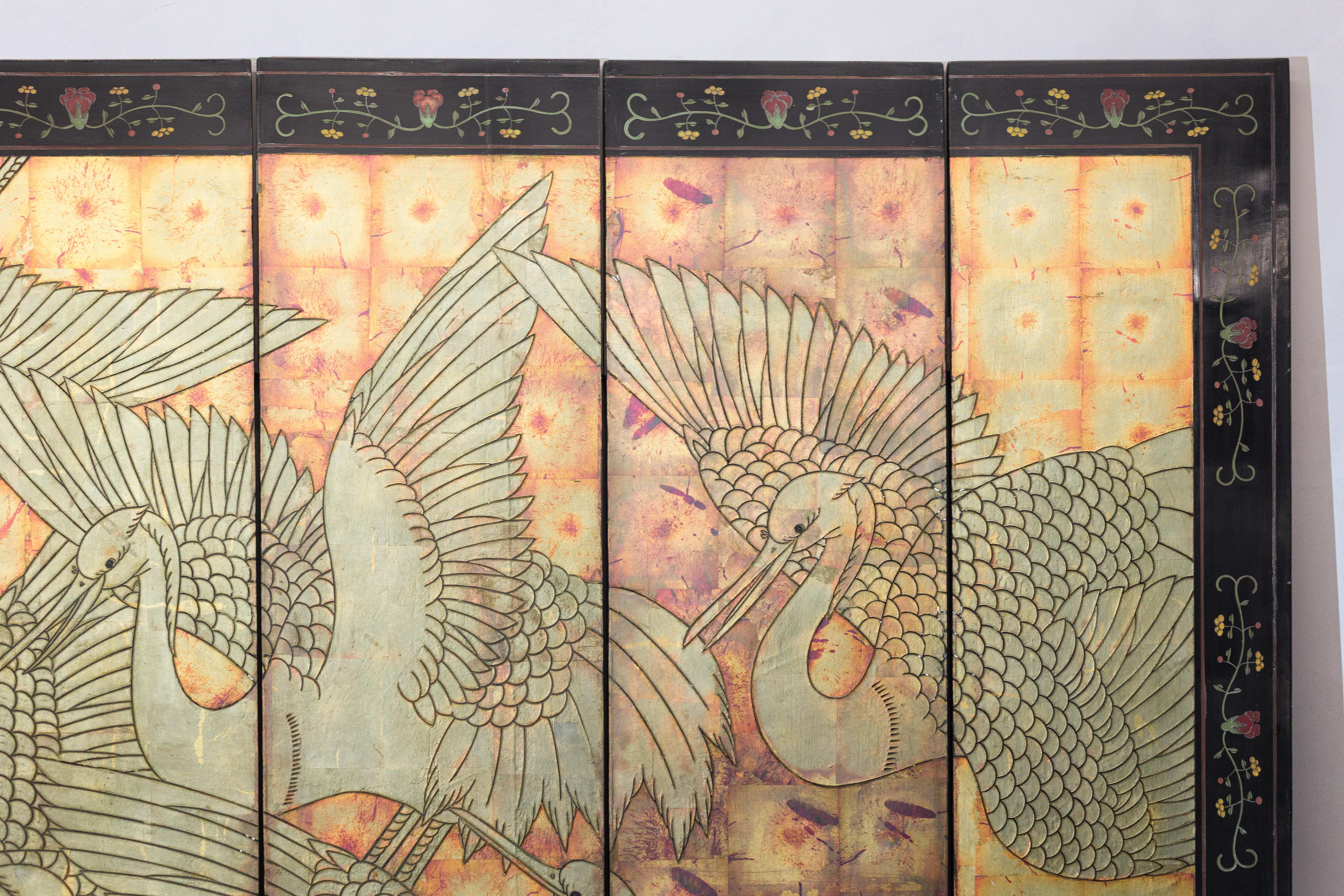 20th Century Mid-Century Chinese Coromandel Screen with Gold Cranes and Lacquered Floral Back For Sale