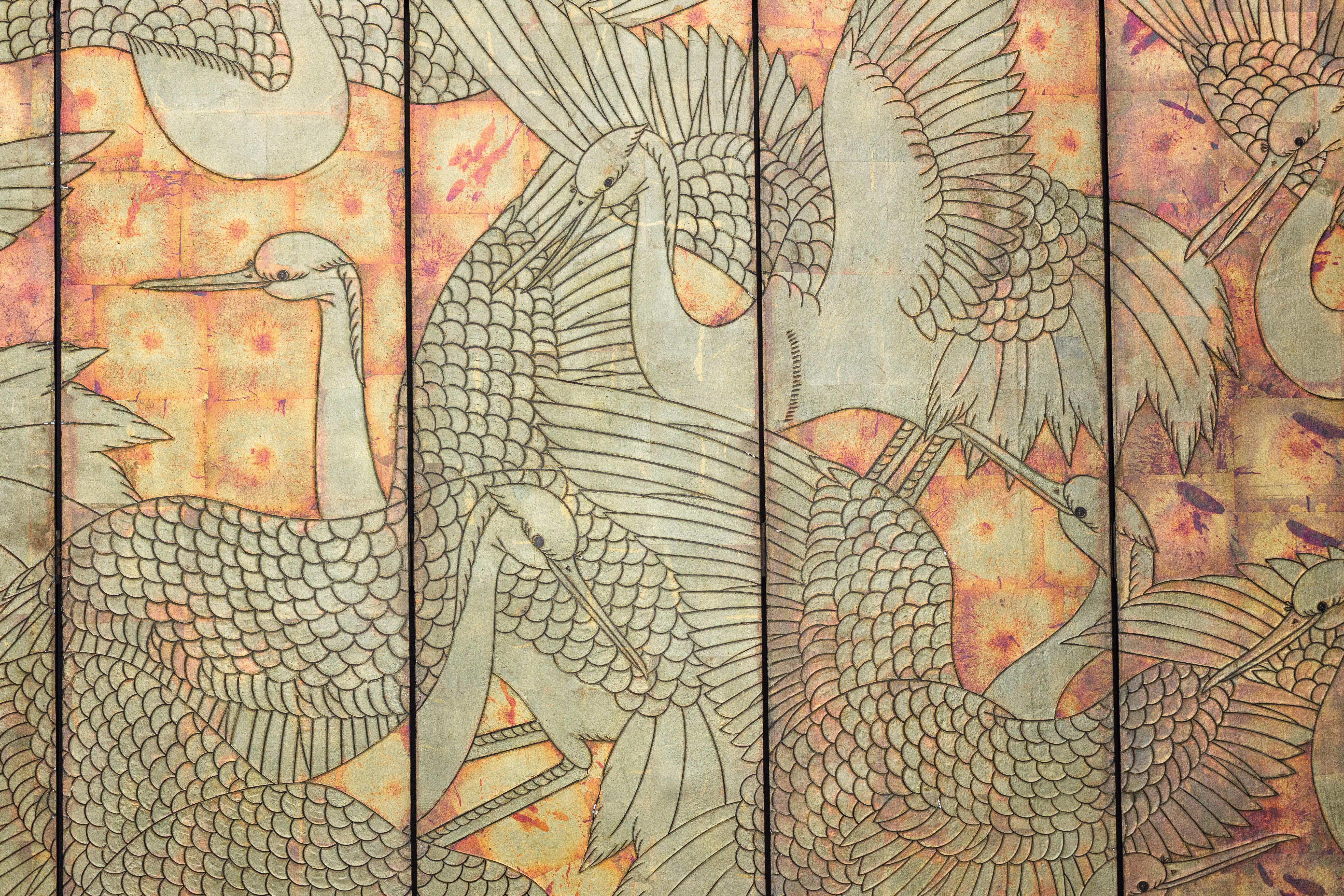Brass Mid-Century Chinese Coromandel Screen with Gold Cranes and Lacquered Floral Back For Sale