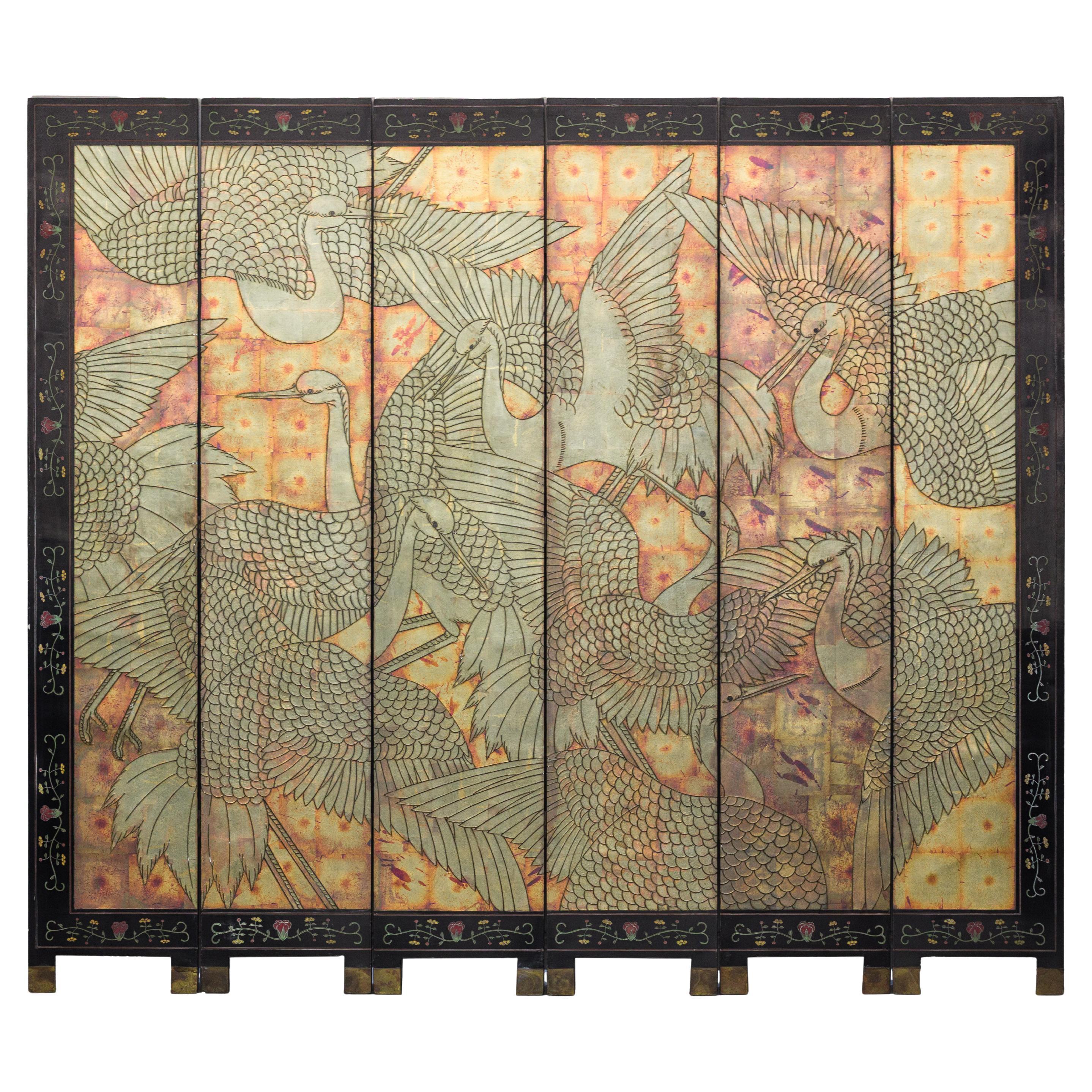 Mid-Century Chinese Coromandel Screen with Gold Cranes and Lacquered Floral Back For Sale