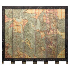 Mid-Century Chinese Coromandel Screen with Gold Cranes and Lacquered Floral Back