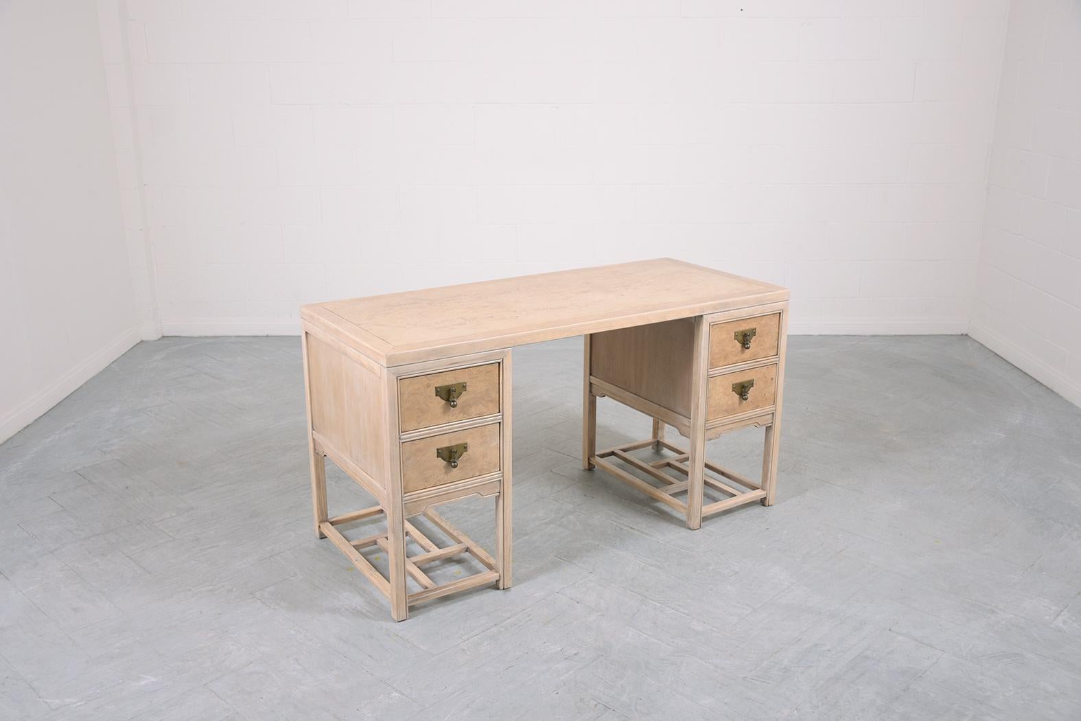Carved 1960s Chinese Partners Desk: Walnut Craftsmanship with Modern White-Wash Finish