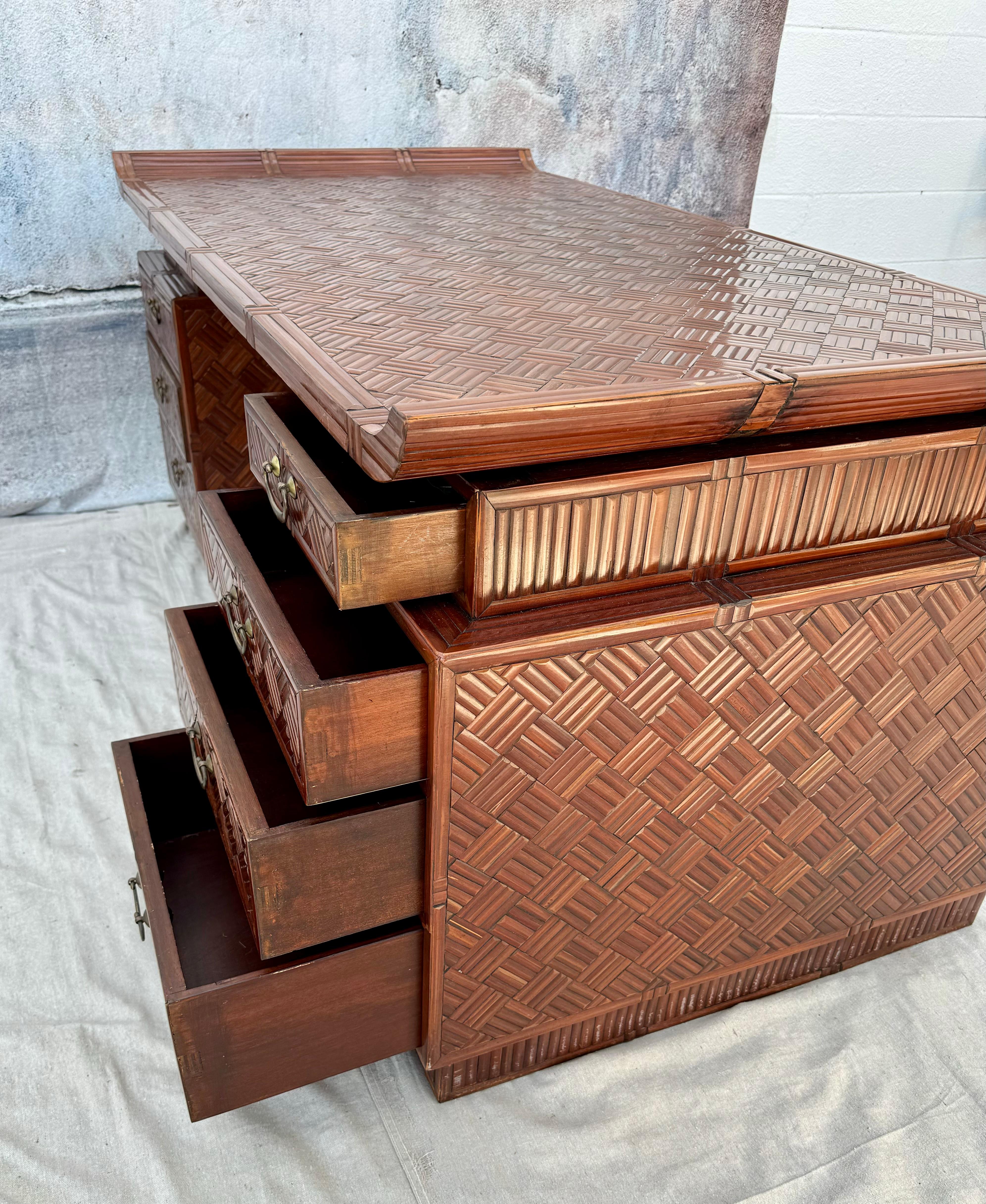 Mid Century Chinese Export Bamboo Rattan Partners Desk For Sale 6