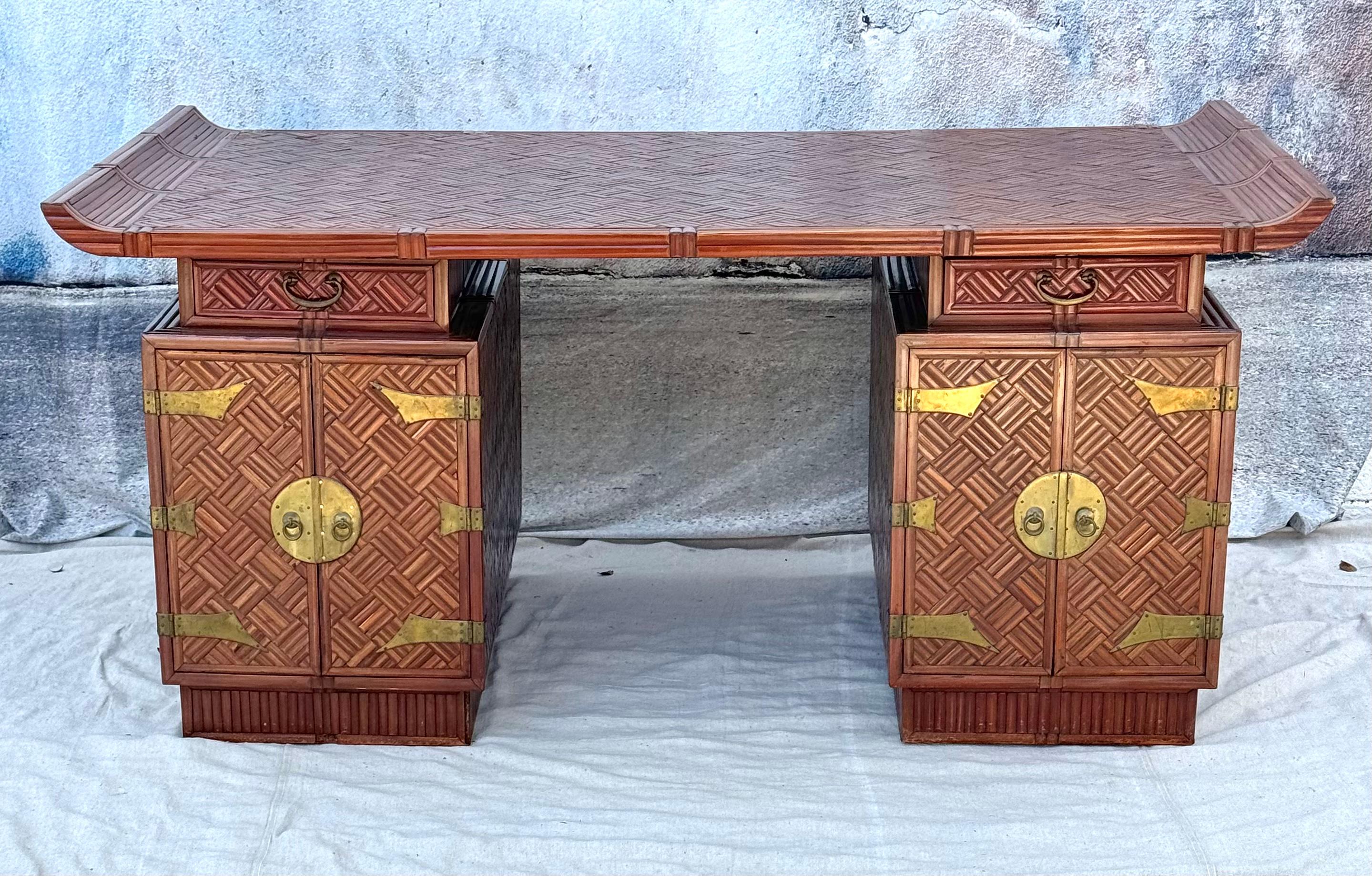 Mid Century Chinese Export Bamboo Rattan Partners Desk For Sale 8