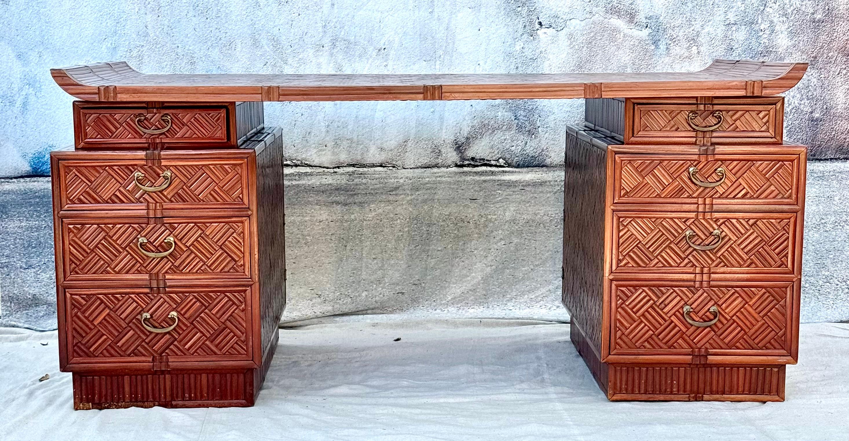 Mid Century Chinese Export Bamboo Rattan Partners Desk For Sale 2