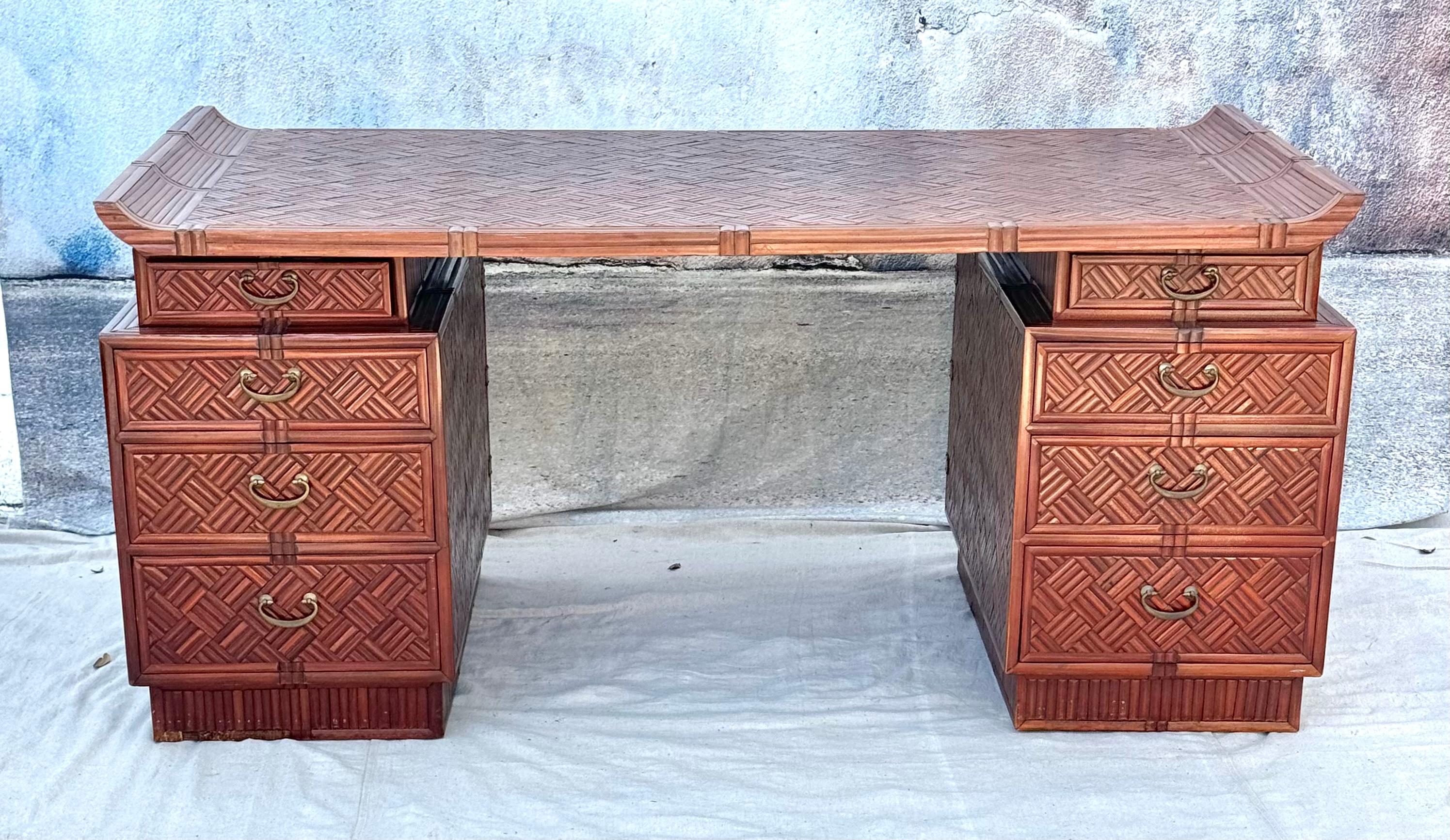 Mid Century Chinese Export Bamboo Rattan Partners Desk For Sale 4
