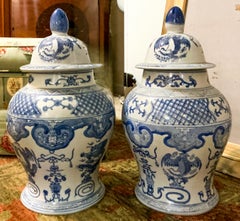 Mid-Century Chinese Export Blue And White Ceramic Pottery Ginger Jars - Pair