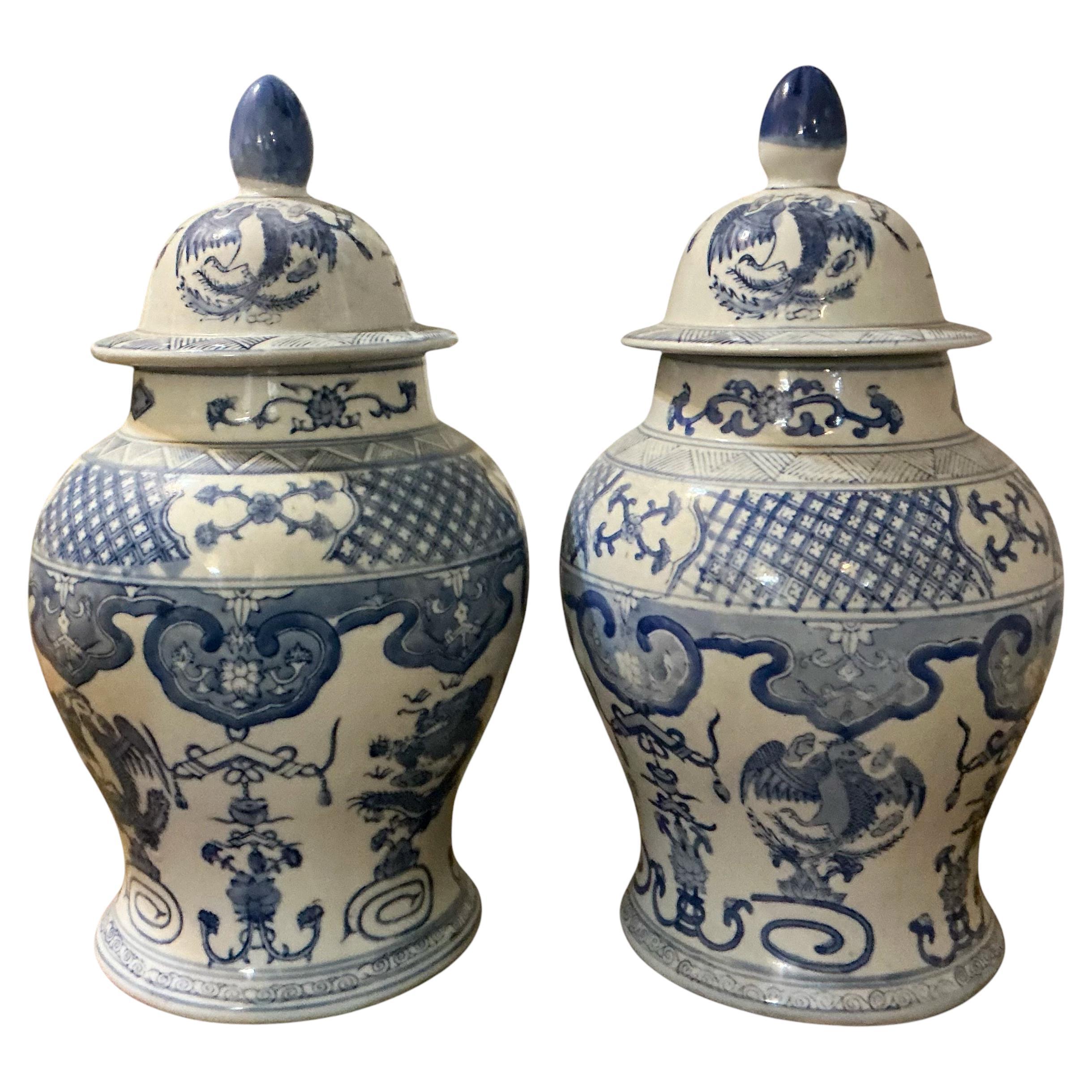 Mitte des Jahrhunderts Chinesisch Export Blau und Weiß Keramik Keramik Ingwer Jars - Paar