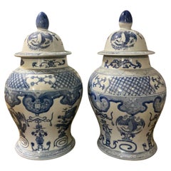 Mid-Century Chinese Export Blue And White Ceramic Pottery Ginger Jars - Pair