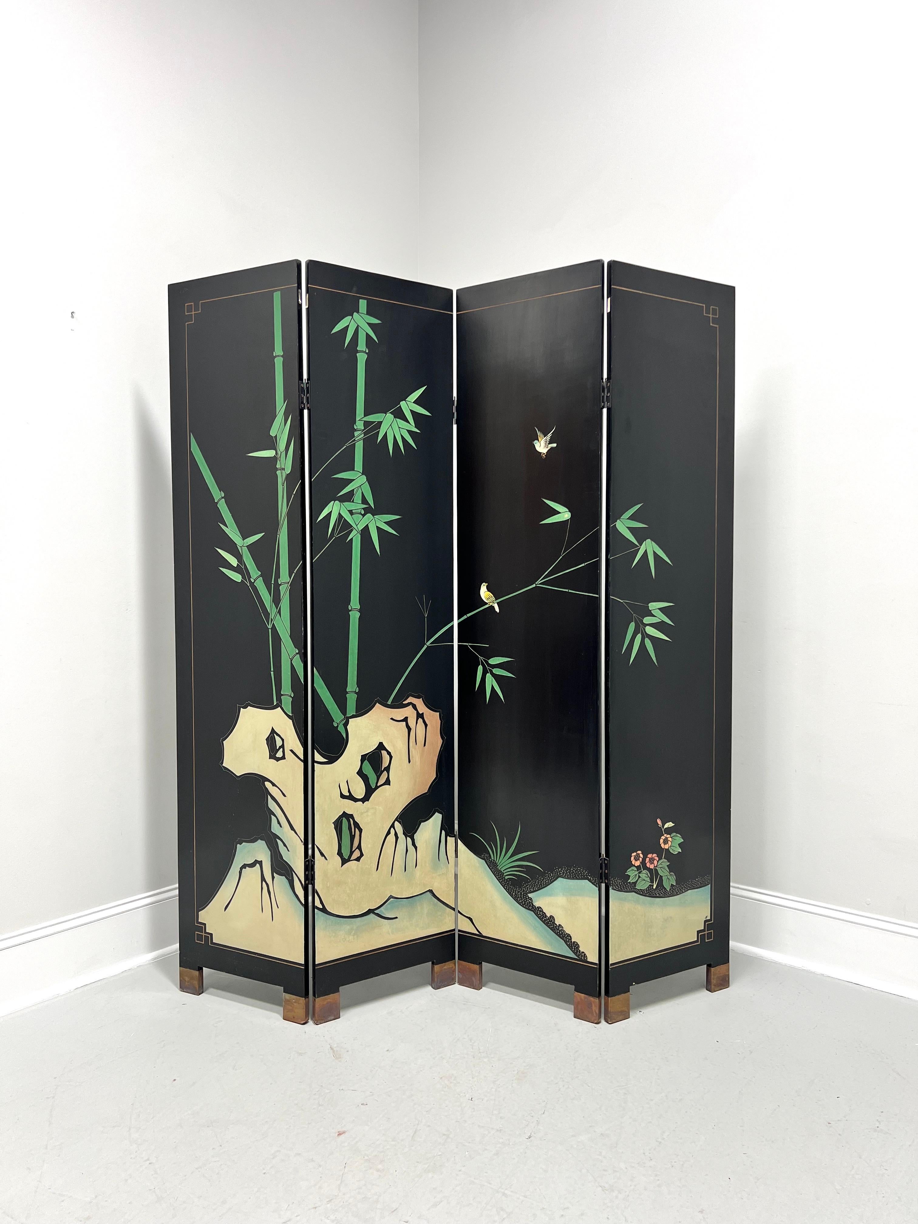 A hand painted Chinese Export Asian style four-panel folding screen room divider, artisan unknown. Solid wood with Coromandel black lacquer, front and reverse sides both having hand painted Chinoiserie scenes that blend across the four panels. The
