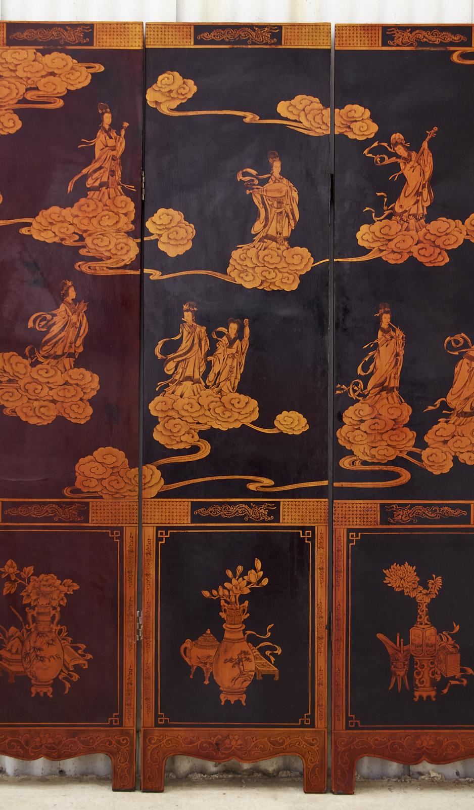 Mitte des Jahrhunderts Chinese Export Vier Panel vergoldet lackiert Coromandel Bildschirm (Chinesisch) im Angebot