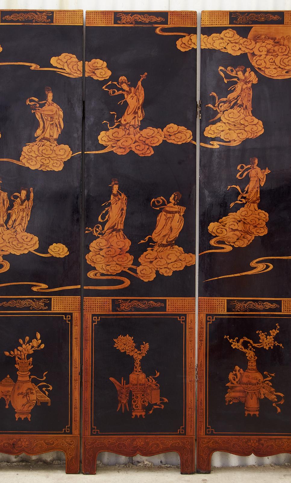 Mitte des Jahrhunderts Chinese Export Vier Panel vergoldet lackiert Coromandel Bildschirm (Lackiert) im Angebot