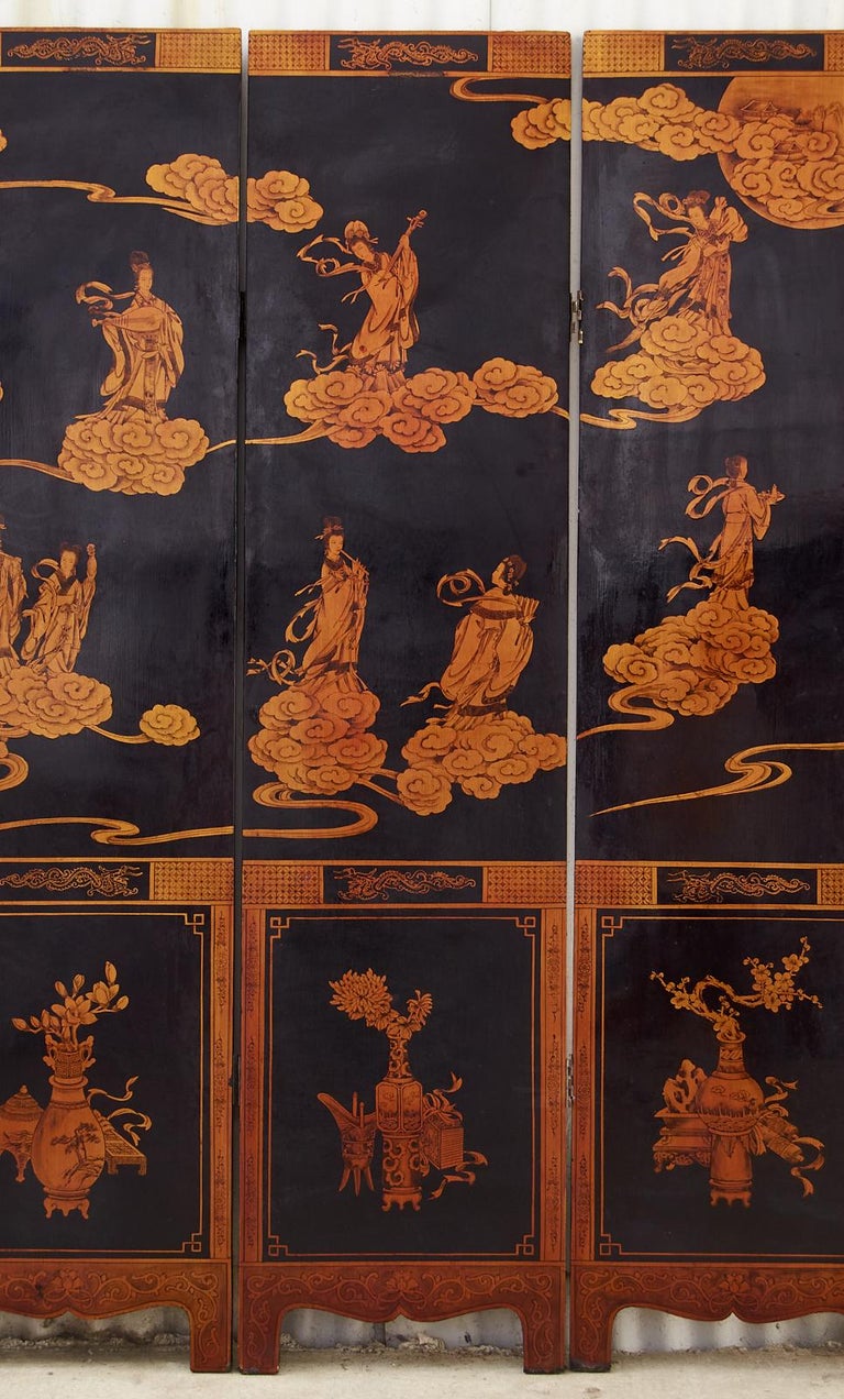 Brass Mid-Century Chinese Export Four Panel Gilt Lacquered Coromandel Screen For Sale