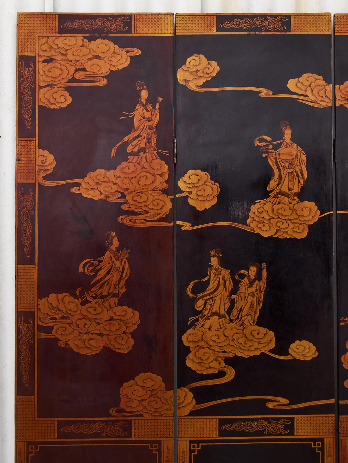 Mitte des Jahrhunderts Chinese Export Vier Panel vergoldet lackiert Coromandel Bildschirm (20. Jahrhundert) im Angebot