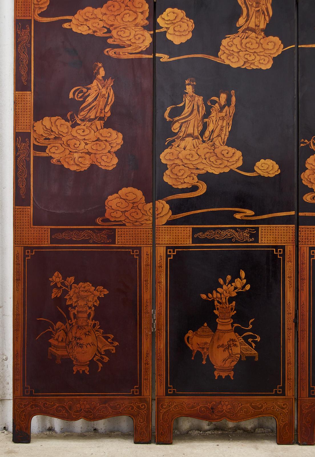 Mitte des Jahrhunderts Chinese Export Vier Panel vergoldet lackiert Coromandel Bildschirm (Messing) im Angebot