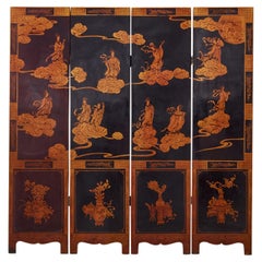 Mid-Century Chinese Export Four Panel Gilt Lacquered Coromandel Screen