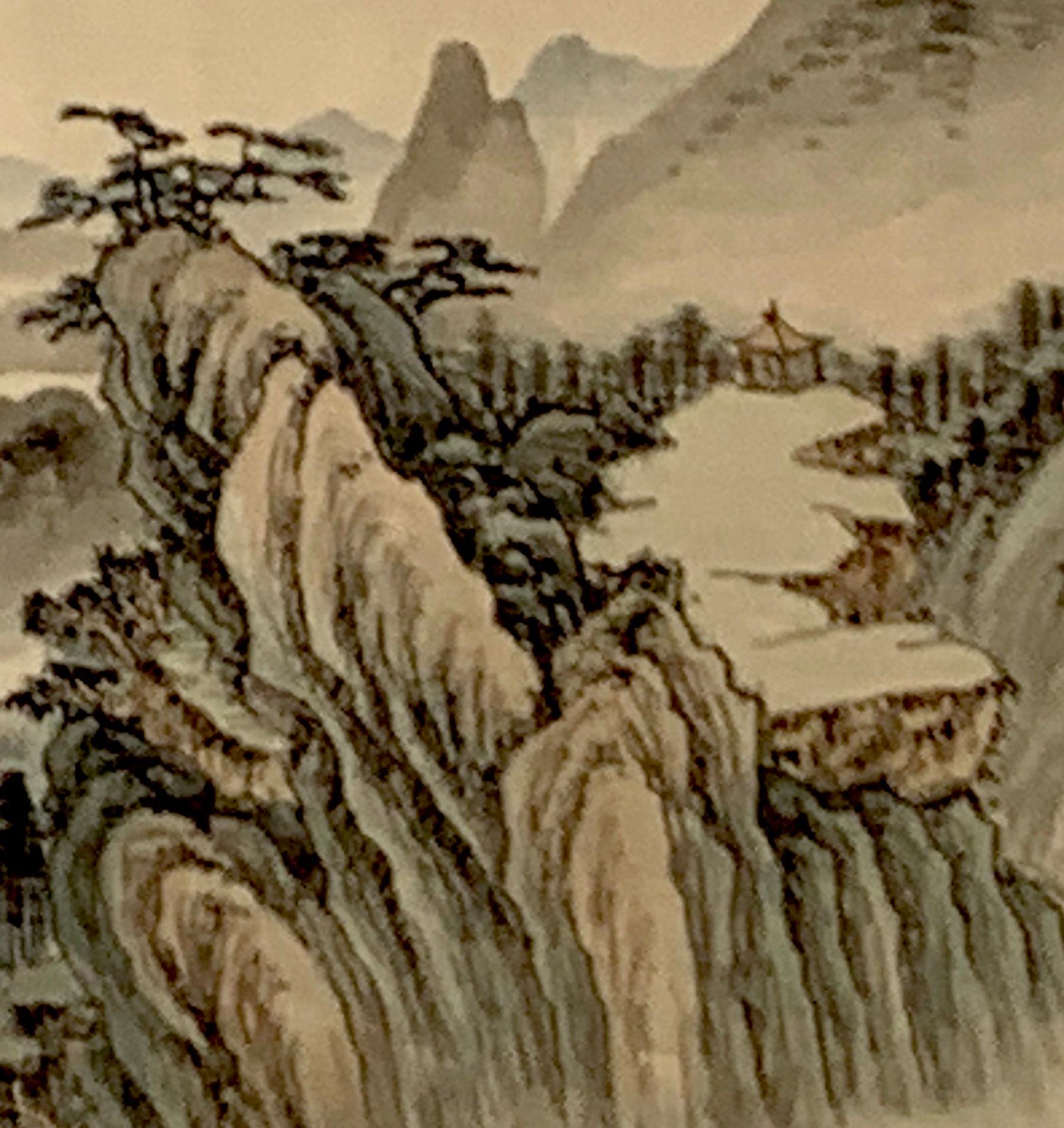 Hand-Painted Midcentury Chinese Export Landscape Painting on Silk, White Mat