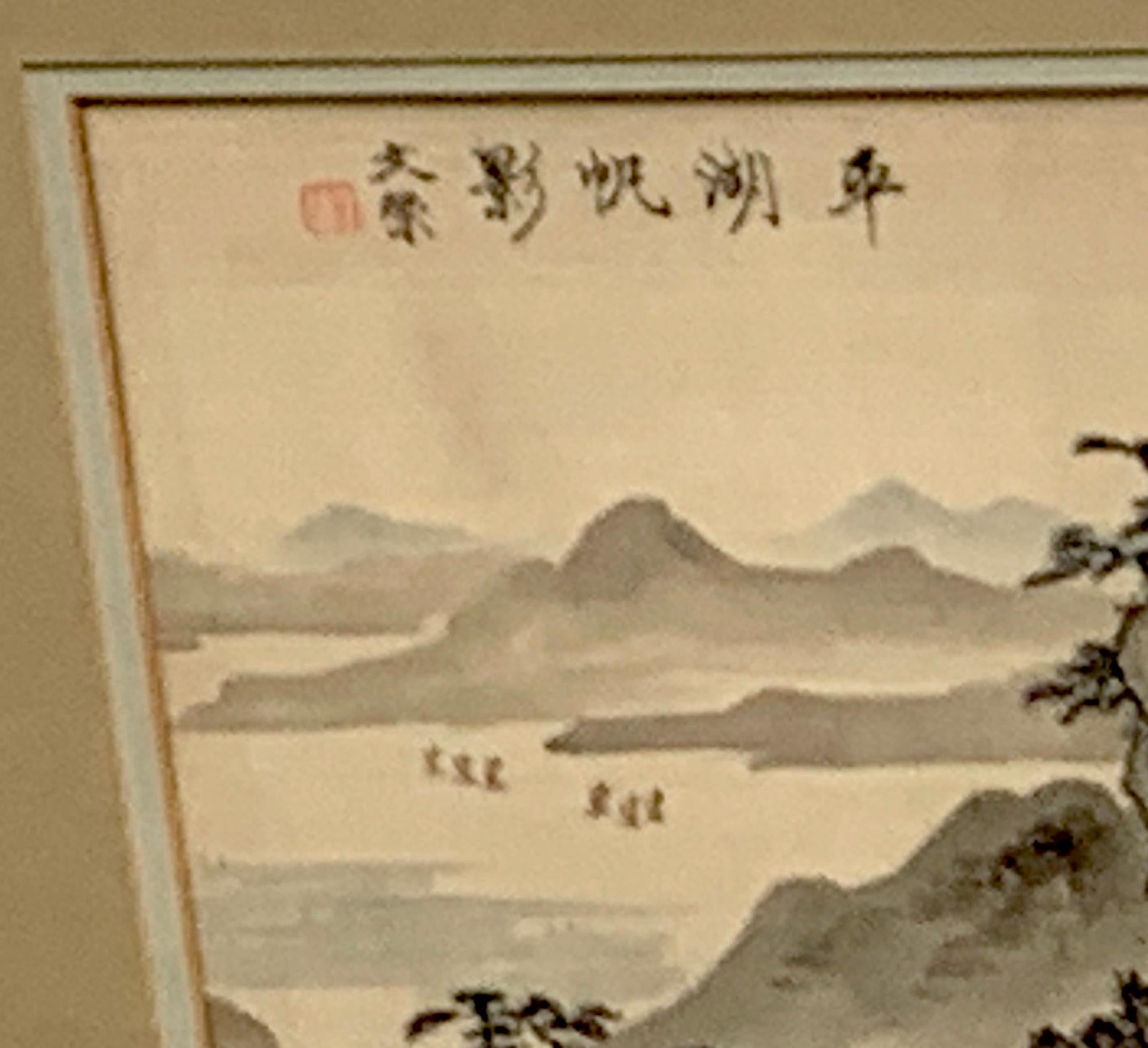 Midcentury Chinese Export Landscape Painting on Silk, White Mat In Good Condition In West Palm Beach, FL