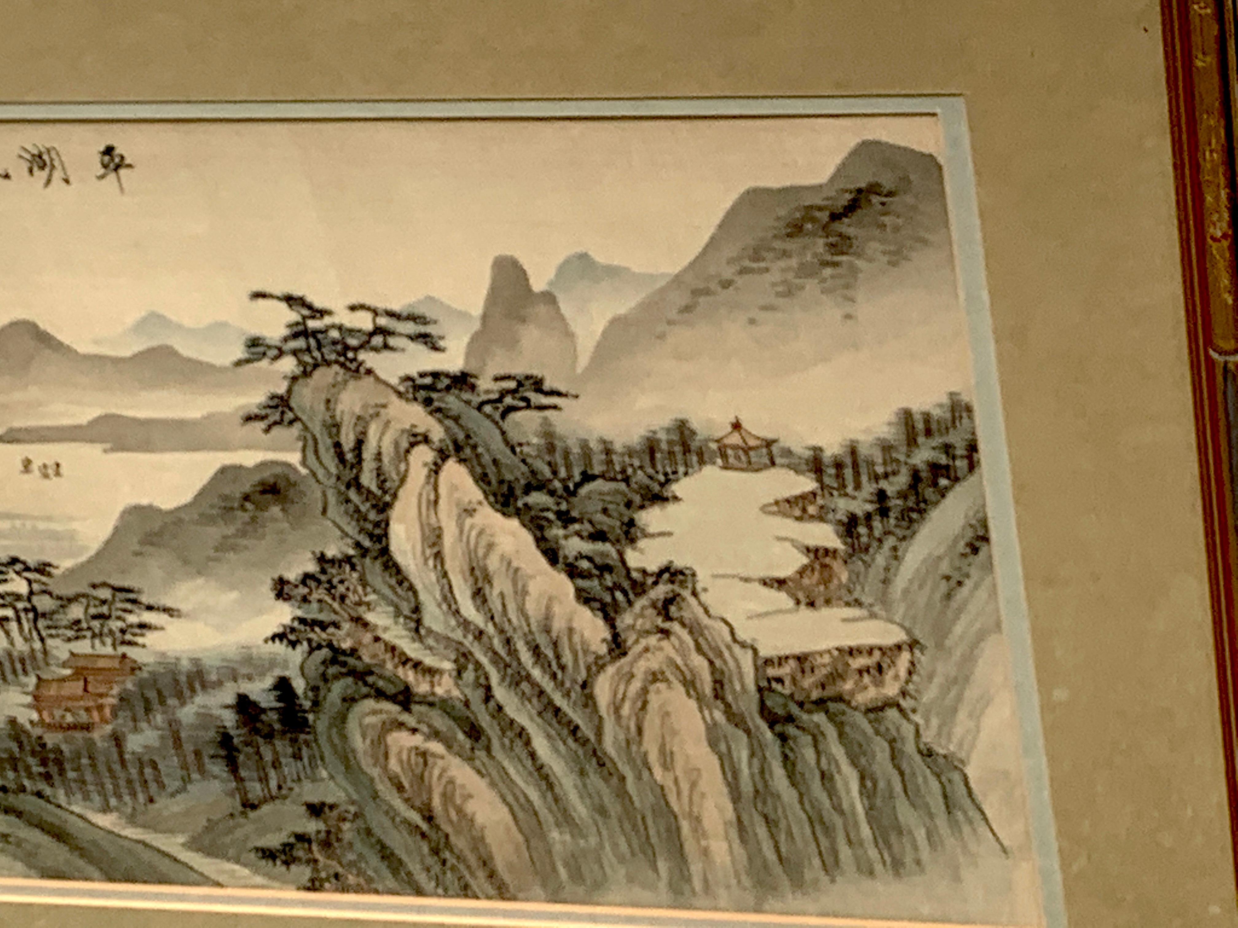 20th Century Midcentury Chinese Export Landscape Painting on Silk, White Mat