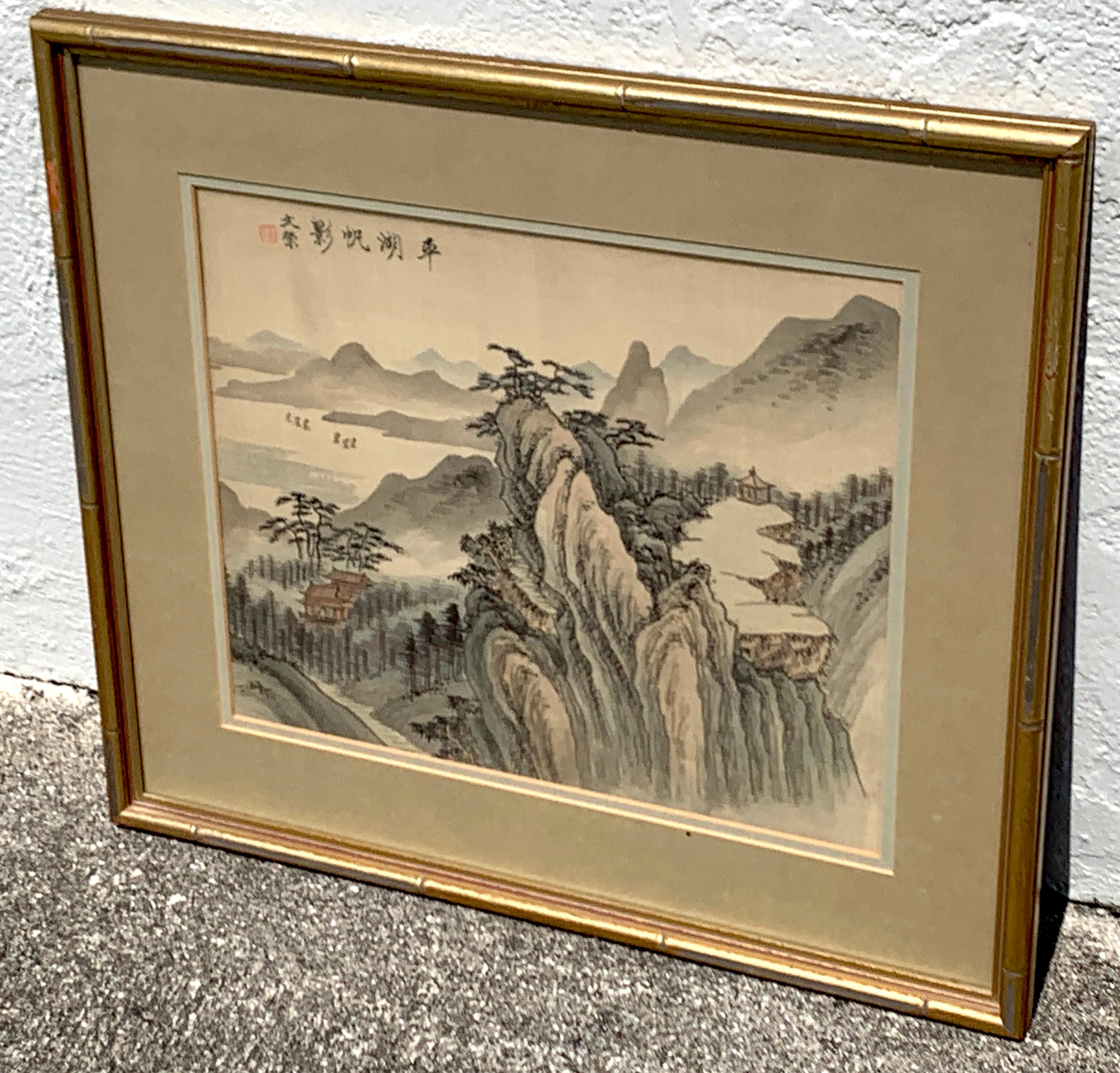 Midcentury Chinese Export Landscape Painting on Silk, White Mat 2