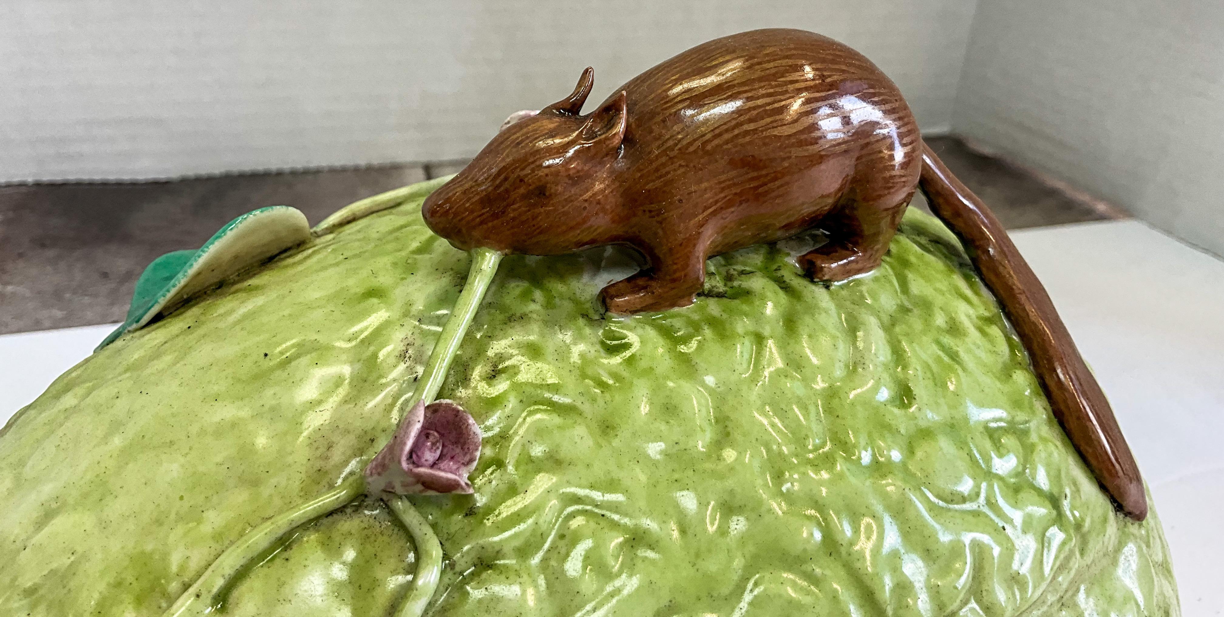 20th Century Midcentury Chinese Export Melon Form Pottery Tureen with a Squirrel on Top For Sale