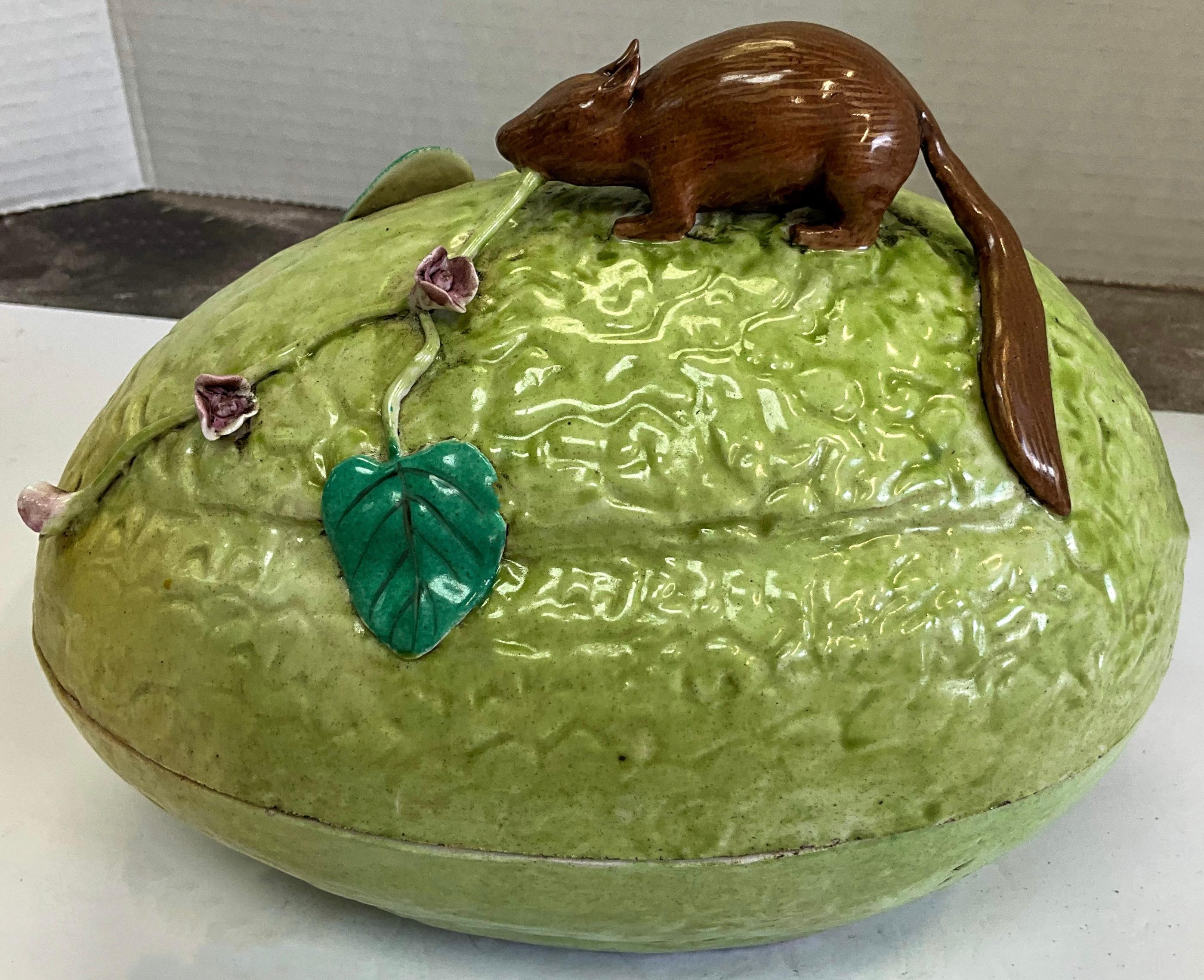Midcentury Chinese Export Melon Form Pottery Tureen with a Squirrel on Top For Sale 1