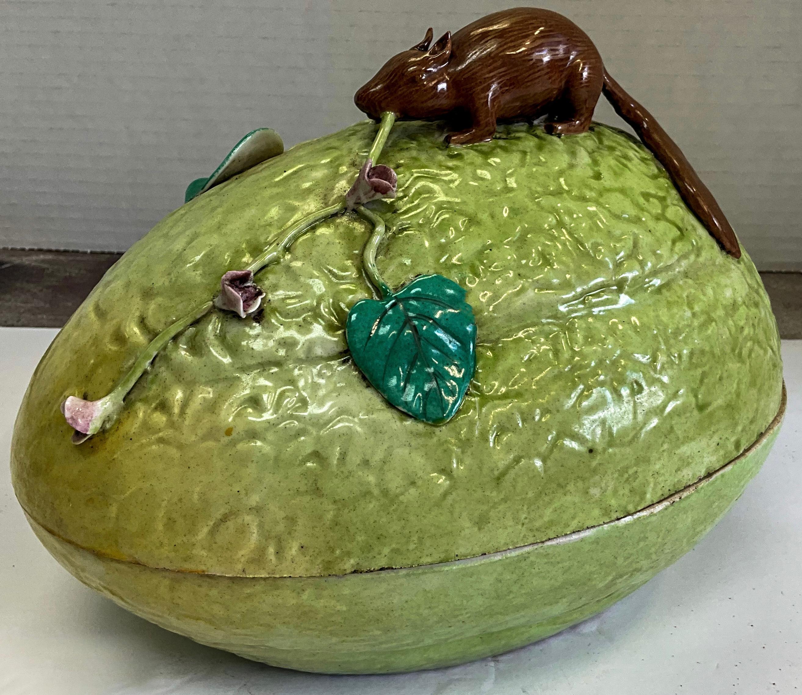 Midcentury Chinese Export Melon Form Pottery Tureen with a Squirrel on Top For Sale 2