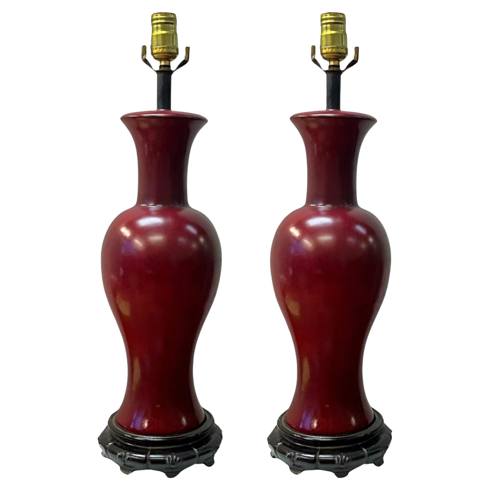 Mid-Century Chinese Export Oxblood Red Porcelain Vase Table Lamps - Pair